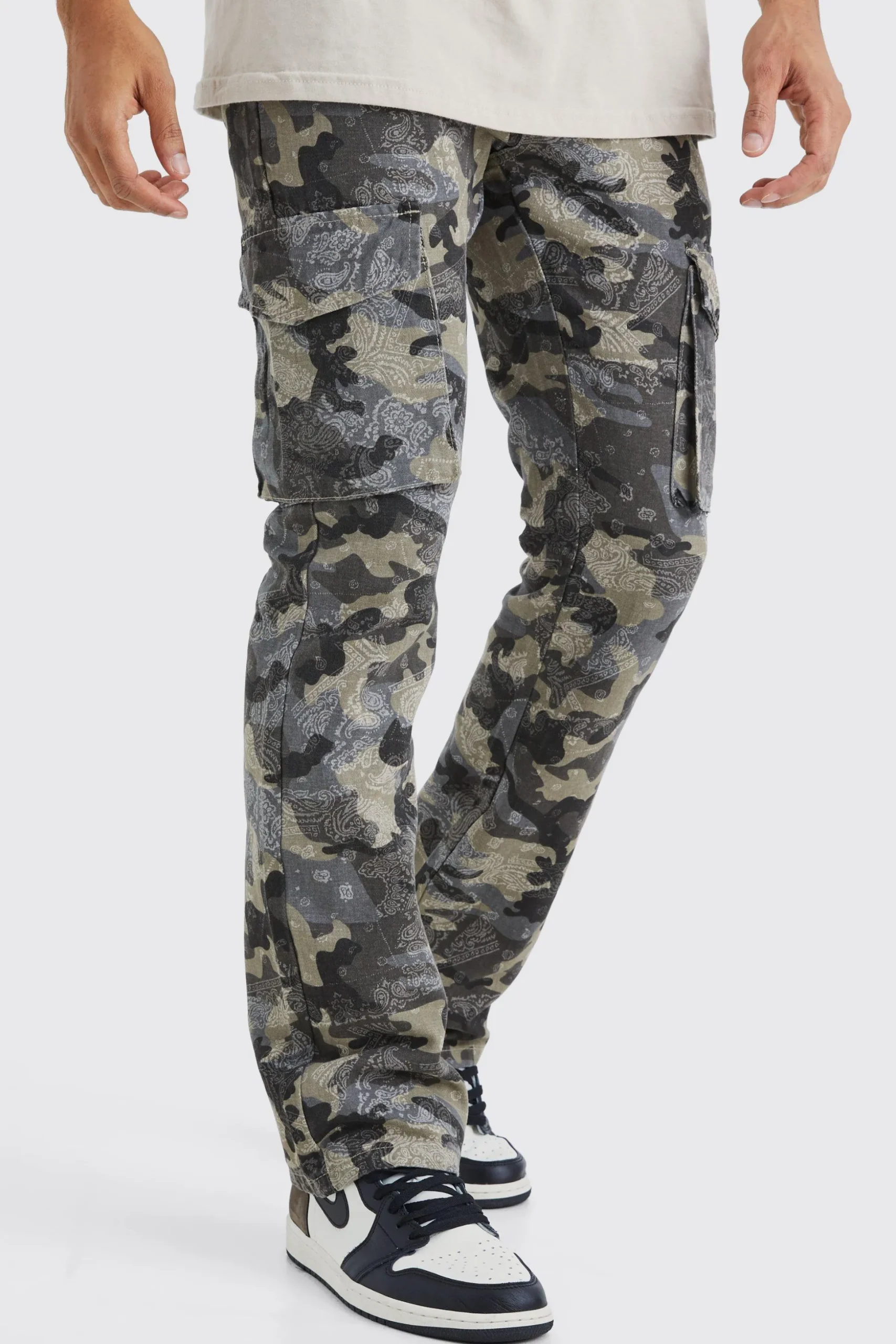 Slim Flare Gusset Camo Bandana Cargo Trouser | BoohooMAN UK