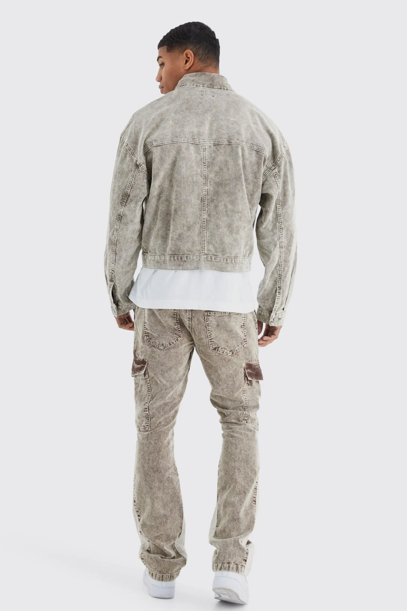 Slim Flare Gusset Corduroy Acid Wash Trouser | BoohooMAN UK