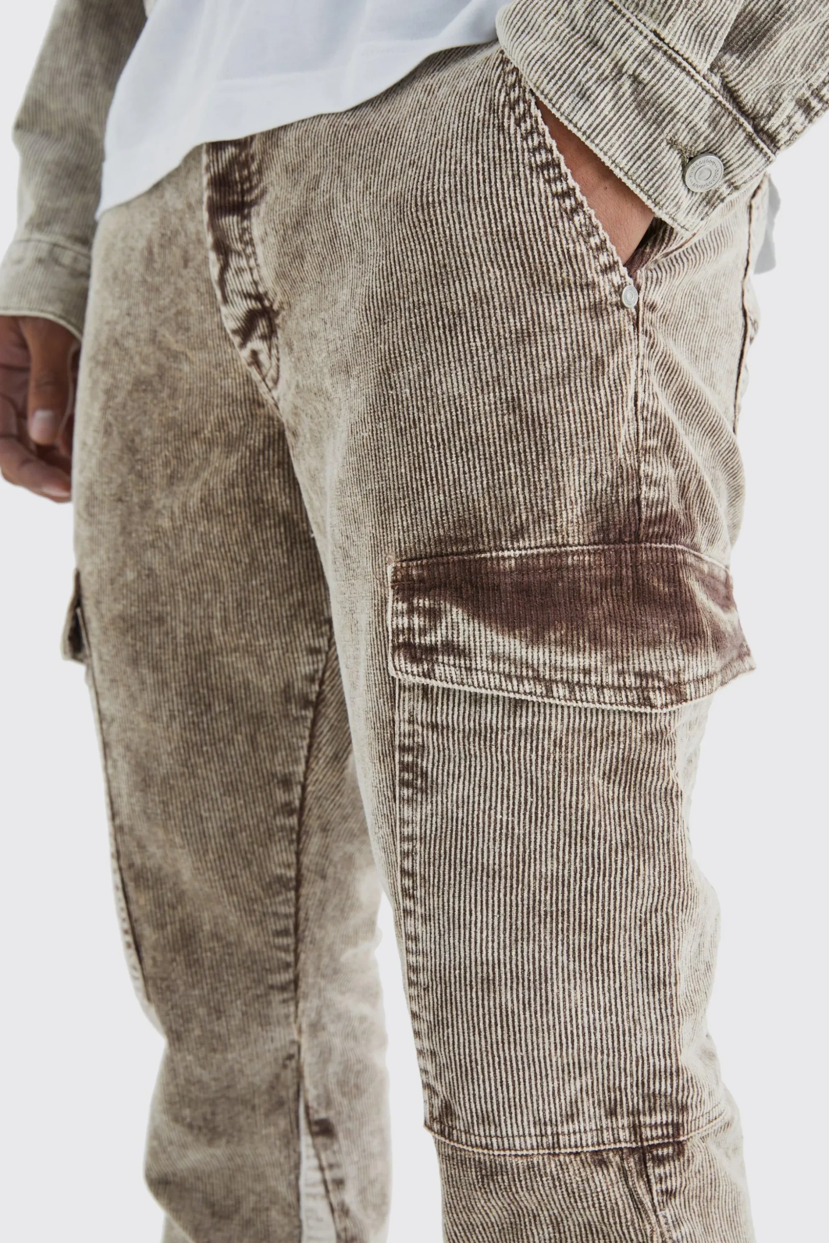 Slim Flare Gusset Corduroy Acid Wash Trouser | BoohooMAN UK