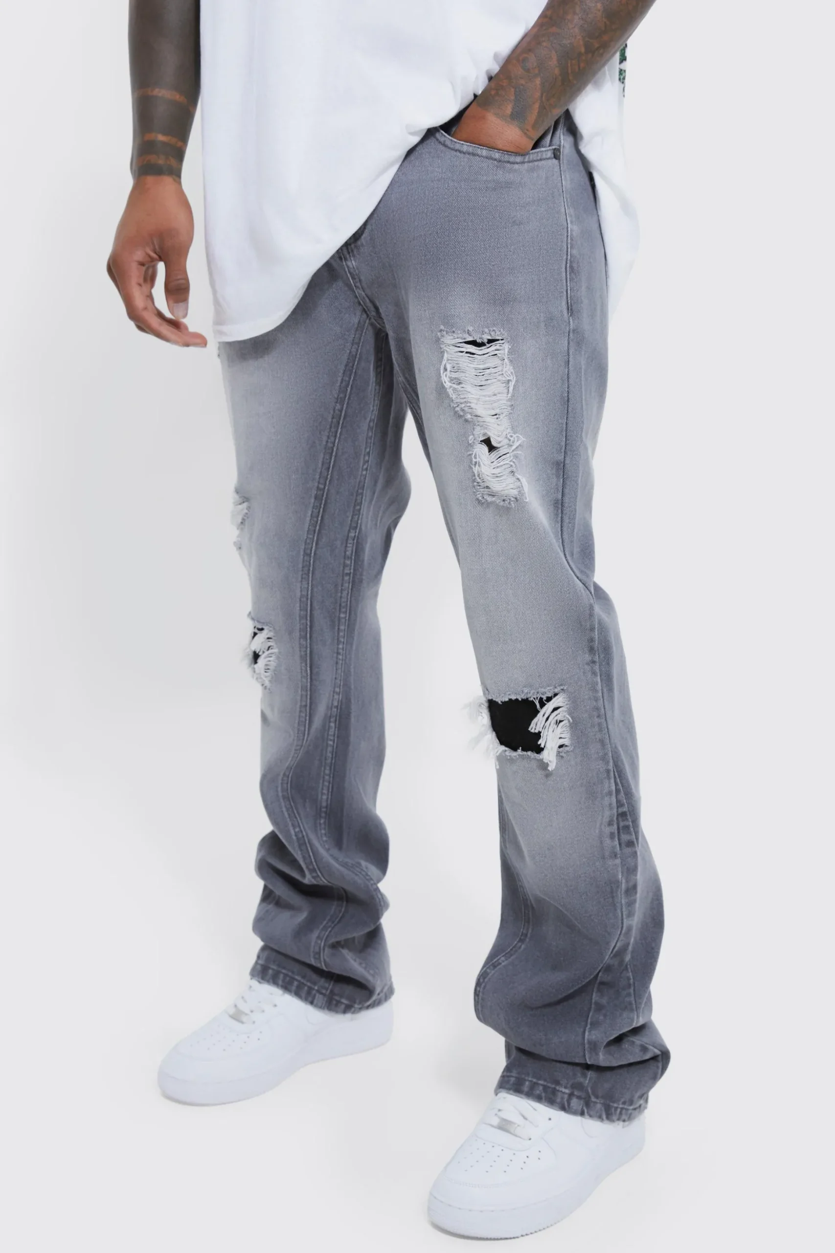 Slim Flare Rip And Repair Jeans | BoohooMAN UK