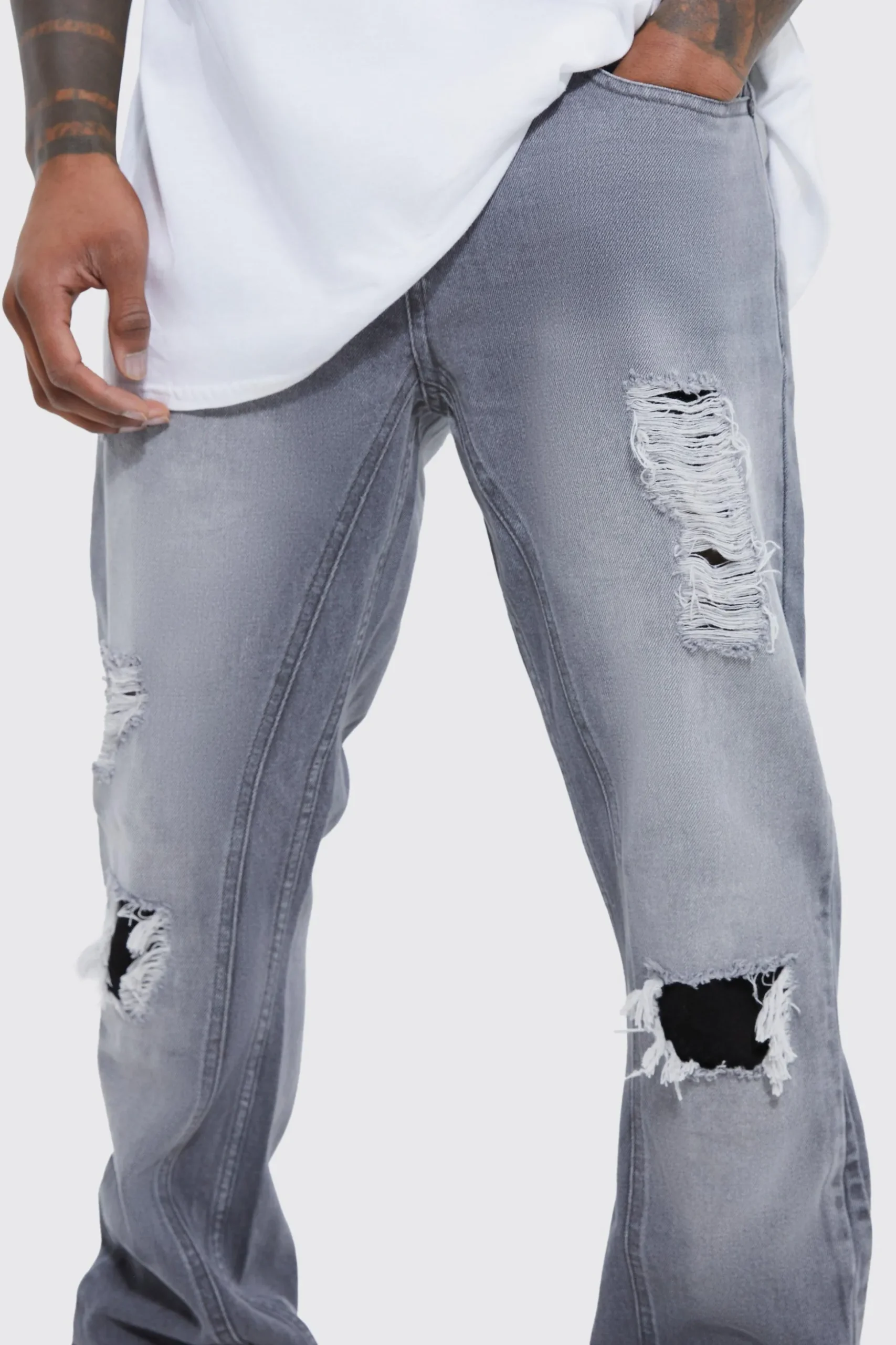 Slim Flare Rip And Repair Jeans | BoohooMAN UK