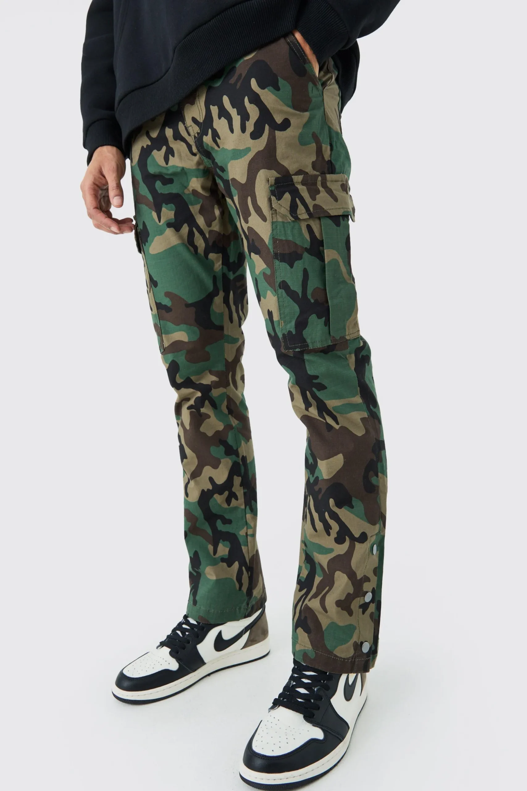 Slim Flare Ripstop Camo Cargo Trouser With Popper Hem | BoohooMAN UK