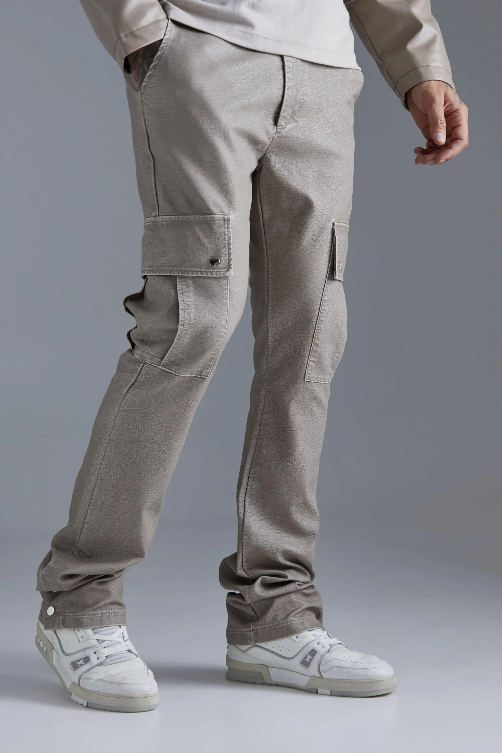 Slim Flare Washed Pu Cargo Popper Hem Trouser | BoohooMAN UK