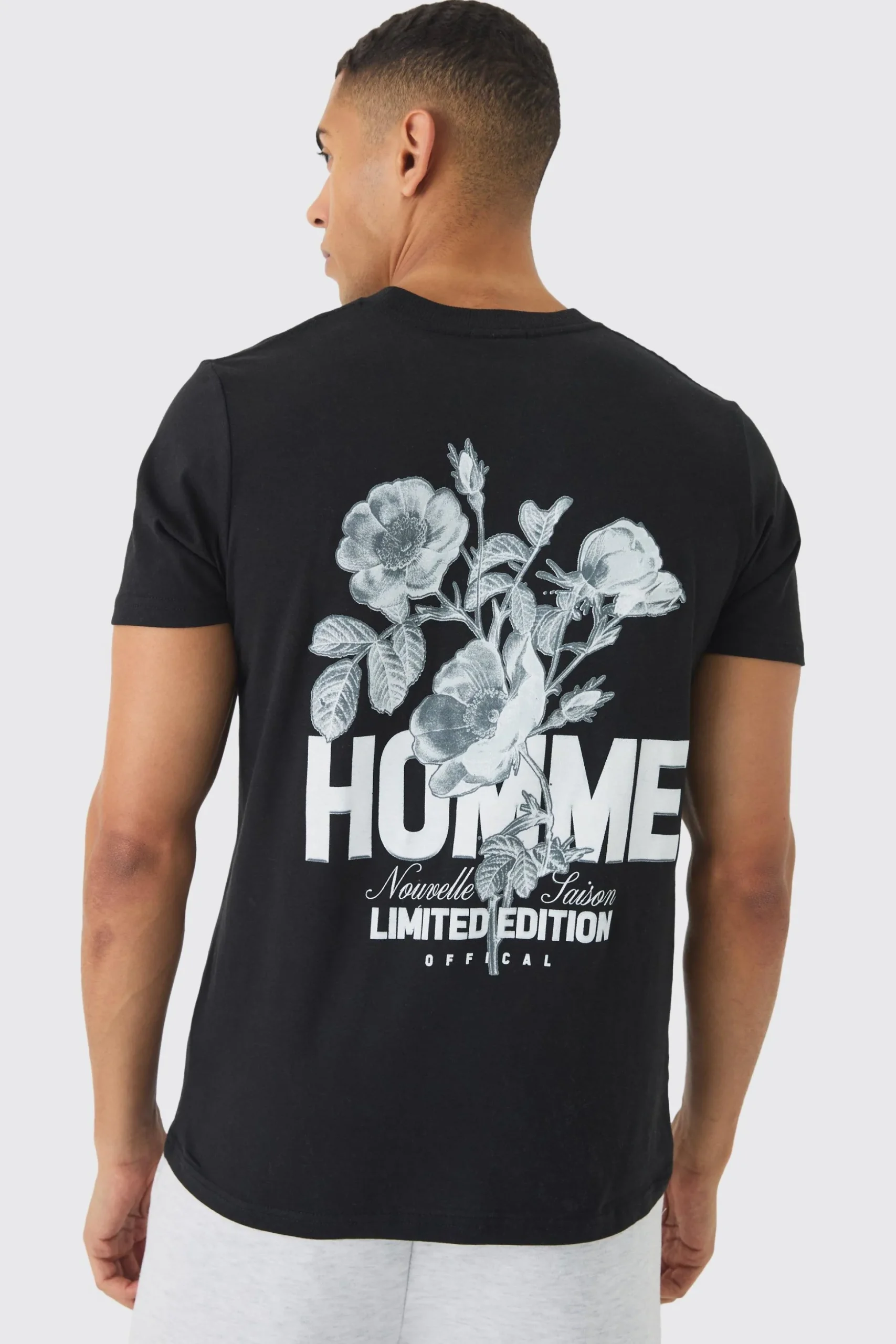 Slim Homme Floral Back Print T-Shirt | BoohooMAN UK