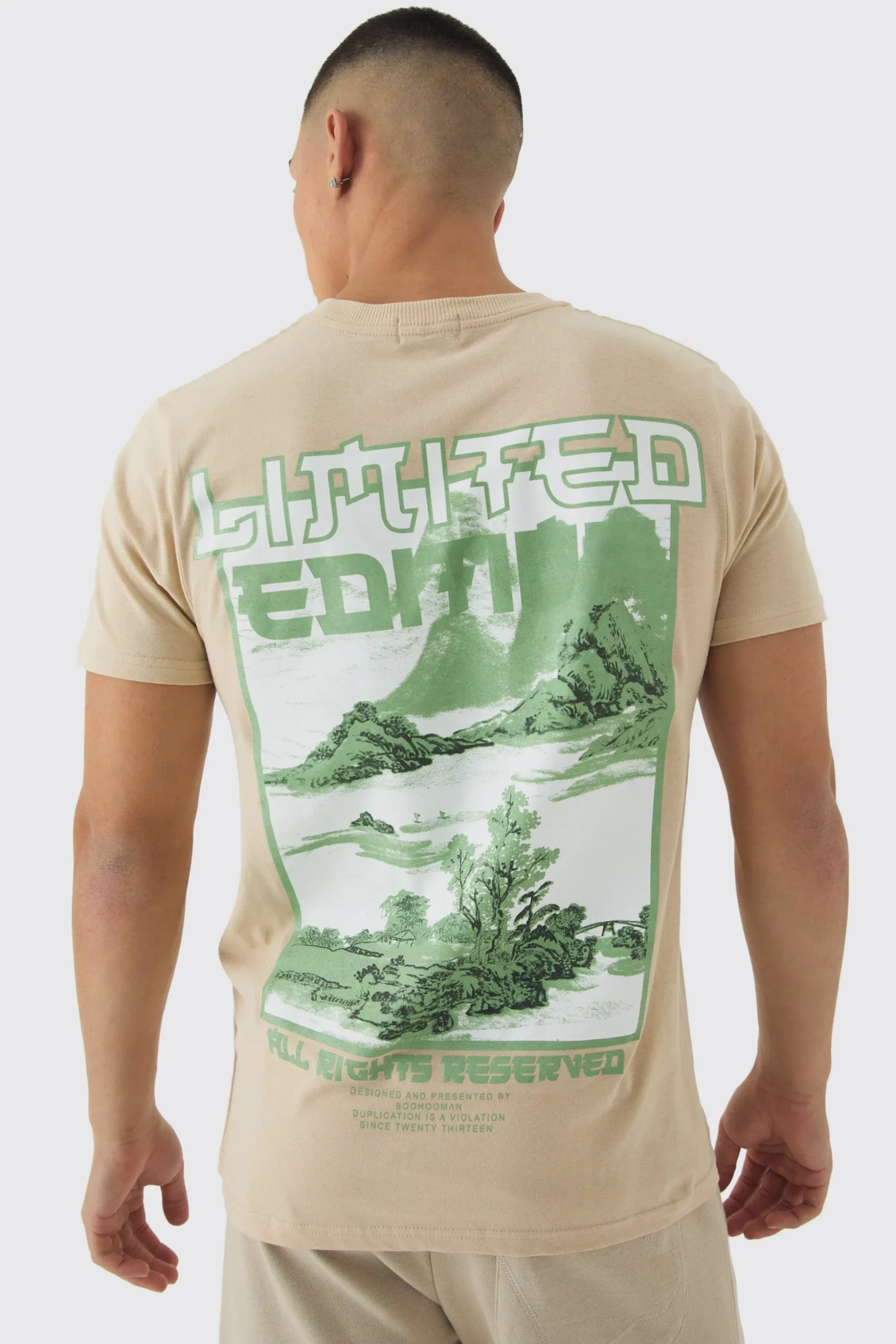 Slim Limited Edition Landscape Back Print T-Shirt | BoohooMAN UK