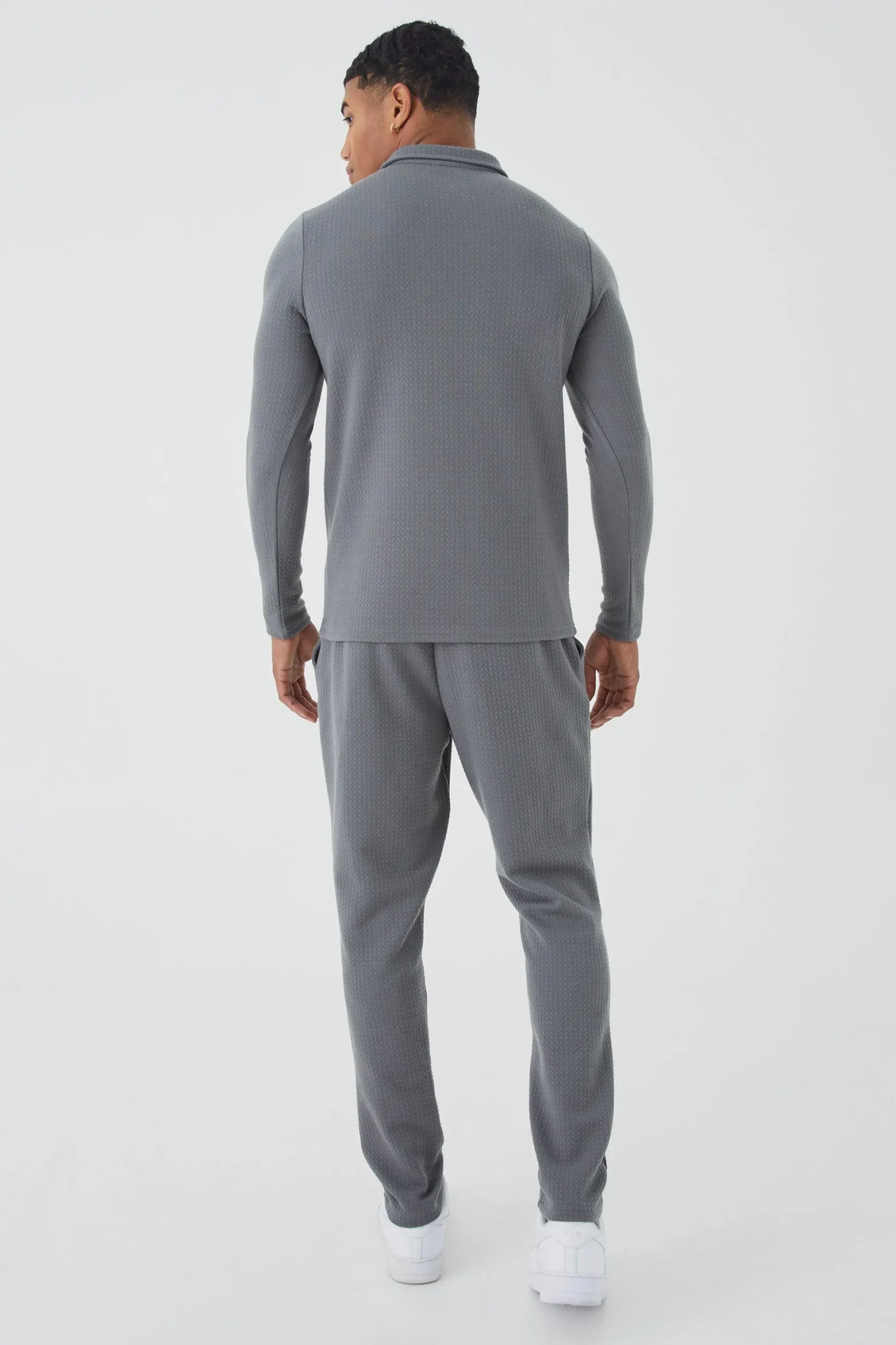 Slim Long Sleeve Jacquard Polo & Jogger Set | BoohooMAN UK