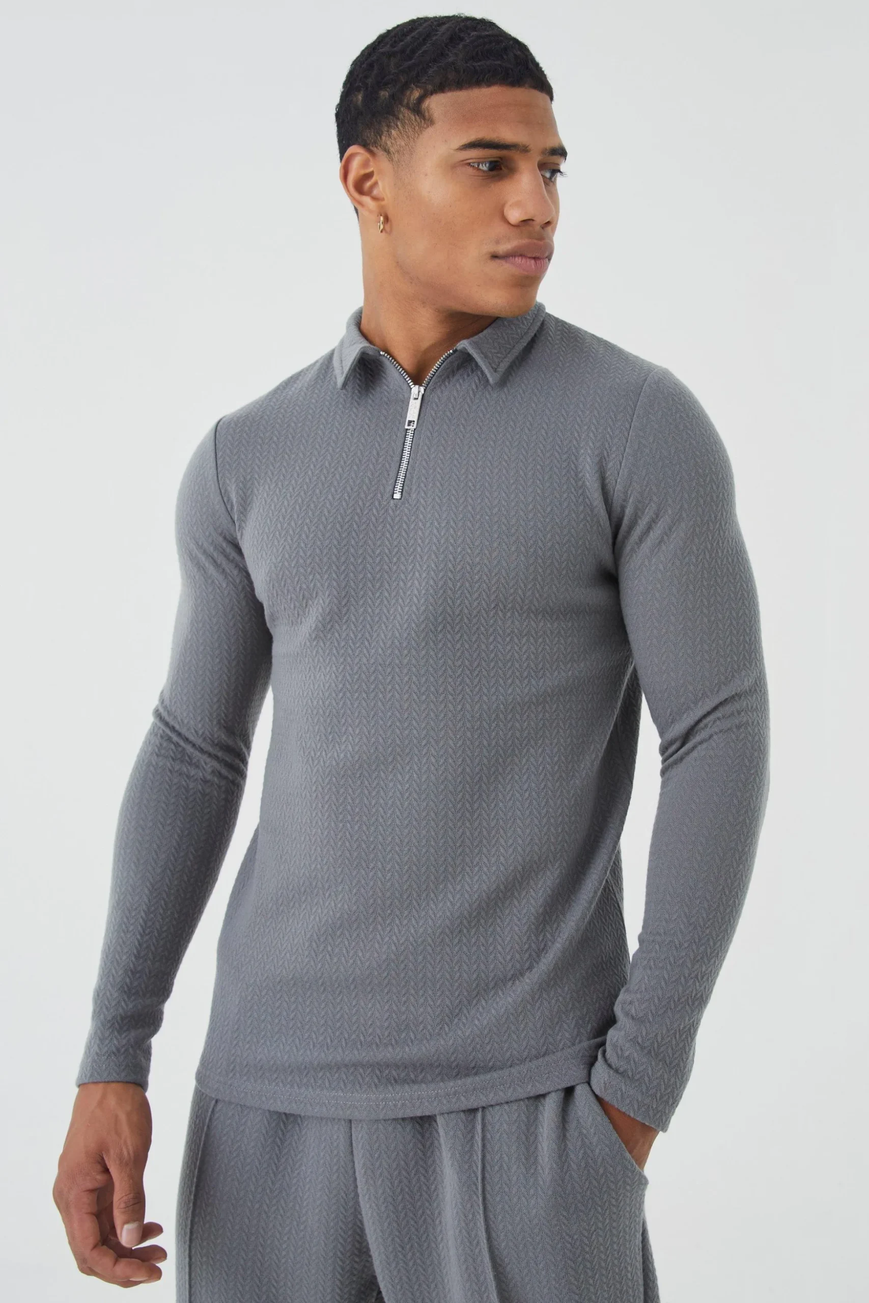 Slim Long Sleeve Jacquard Polo & Jogger Set | BoohooMAN UK