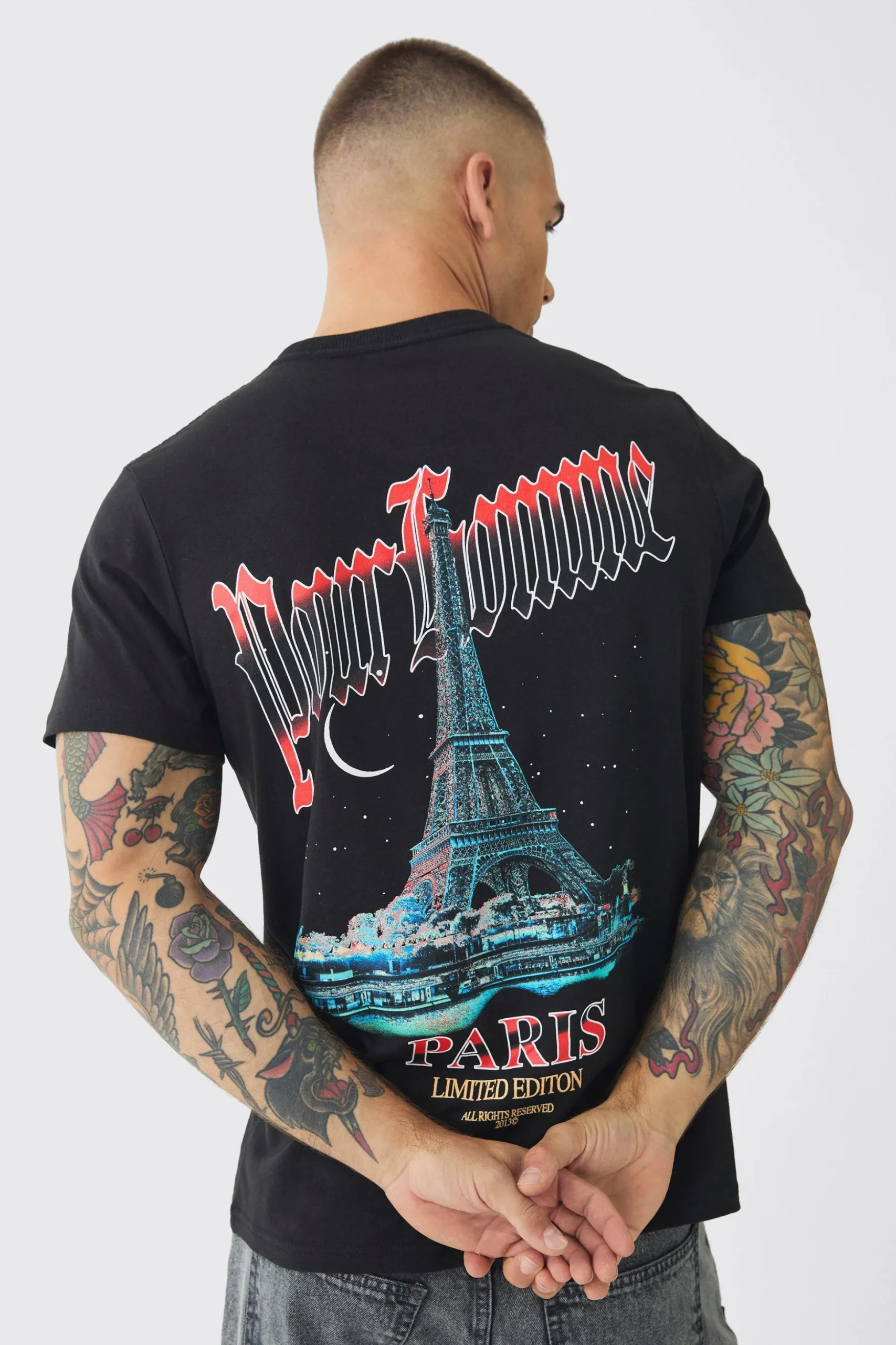 Slim Pour Homme Paris Print T-Shirt | BoohooMAN UK