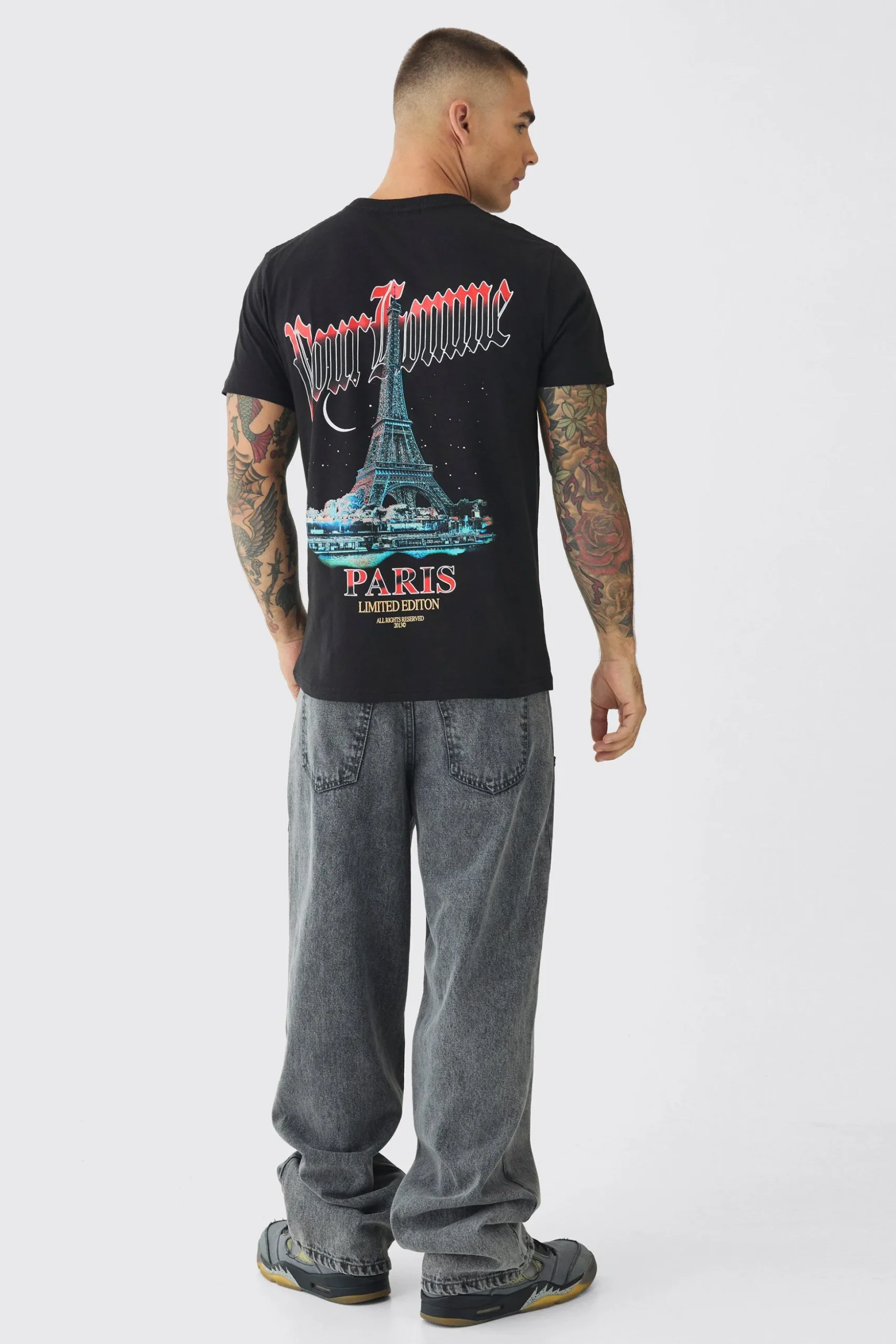 Slim Pour Homme Paris Print T-Shirt | BoohooMAN UK