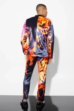Slim Printed Velour Suit | BoohooMAN UK