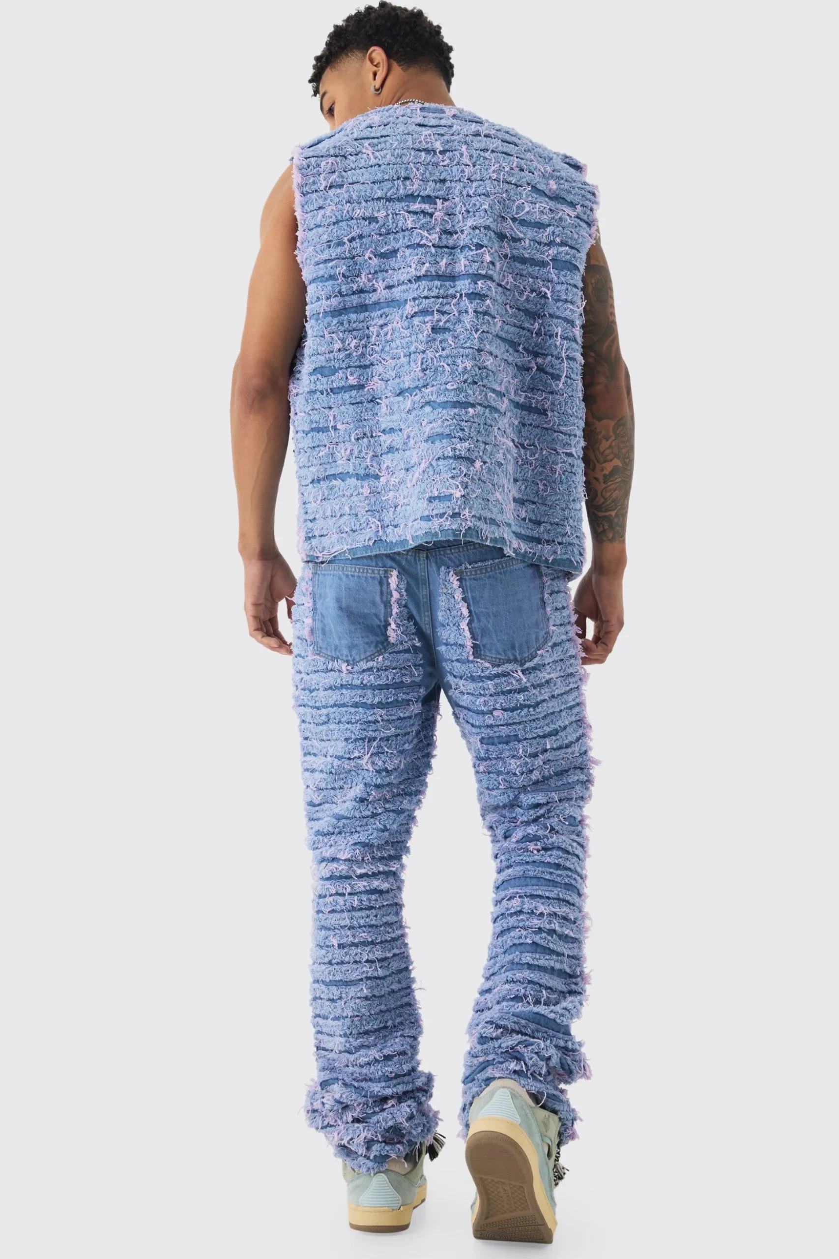 Slim Rigid Flare All Over Distressed Jeans In Lilac | BoohooMAN UK