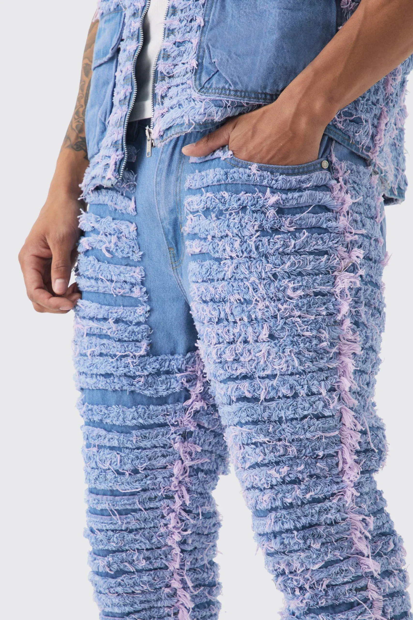 Slim Rigid Flare All Over Distressed Jeans In Lilac | BoohooMAN UK