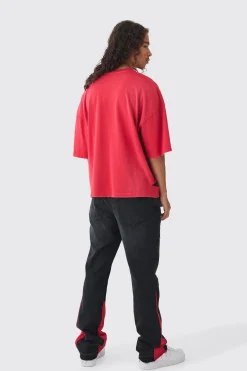 Slim Rigid Flare Cross Pu Applique Washed Jeans | BoohooMAN UK