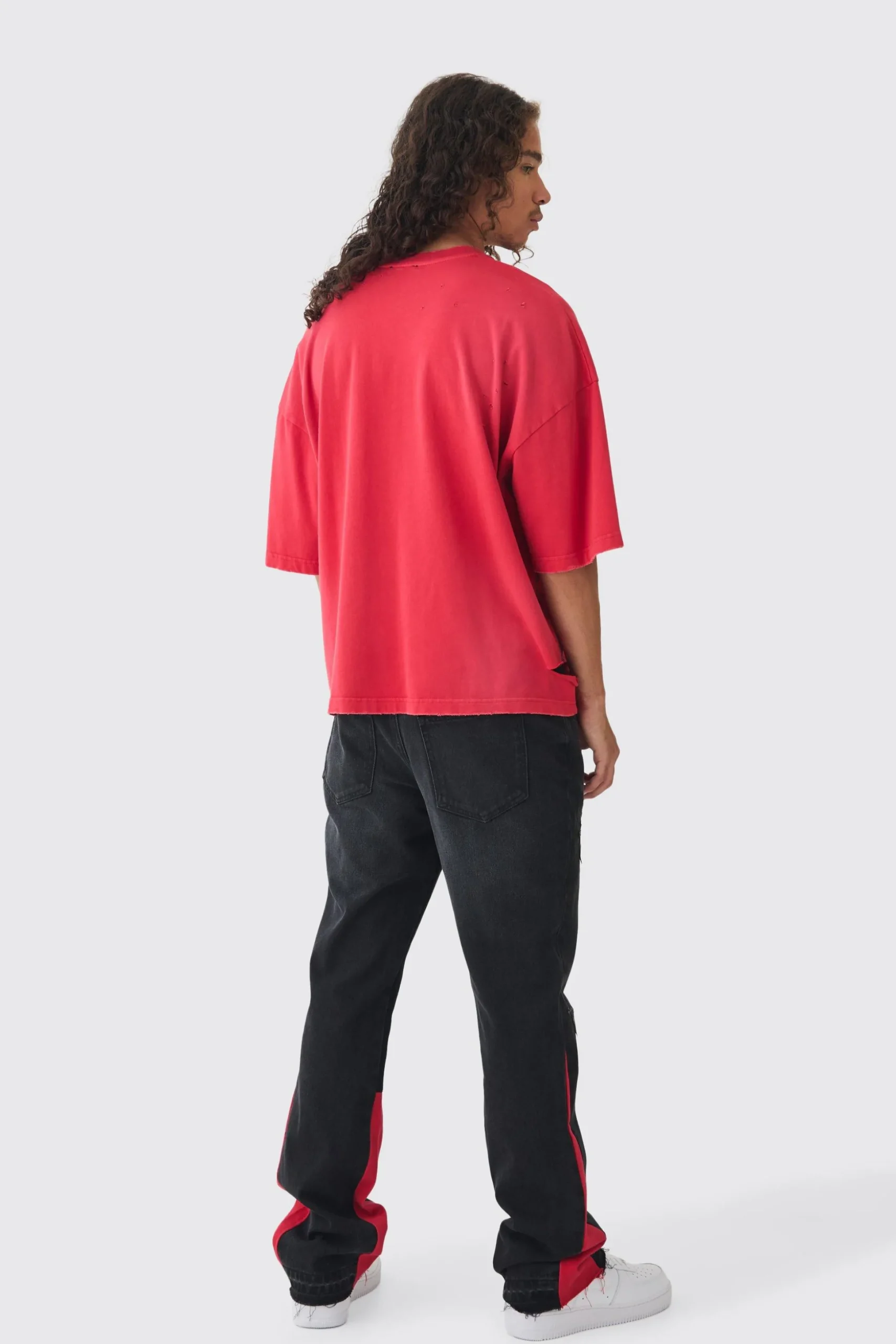 Slim Rigid Flare Cross Pu Applique Washed Jeans | BoohooMAN UK