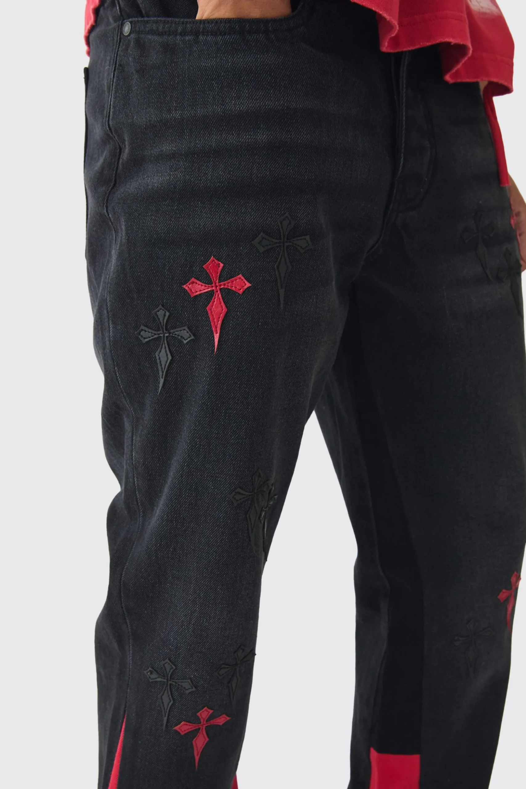 Slim Rigid Flare Cross Pu Applique Washed Jeans | BoohooMAN UK