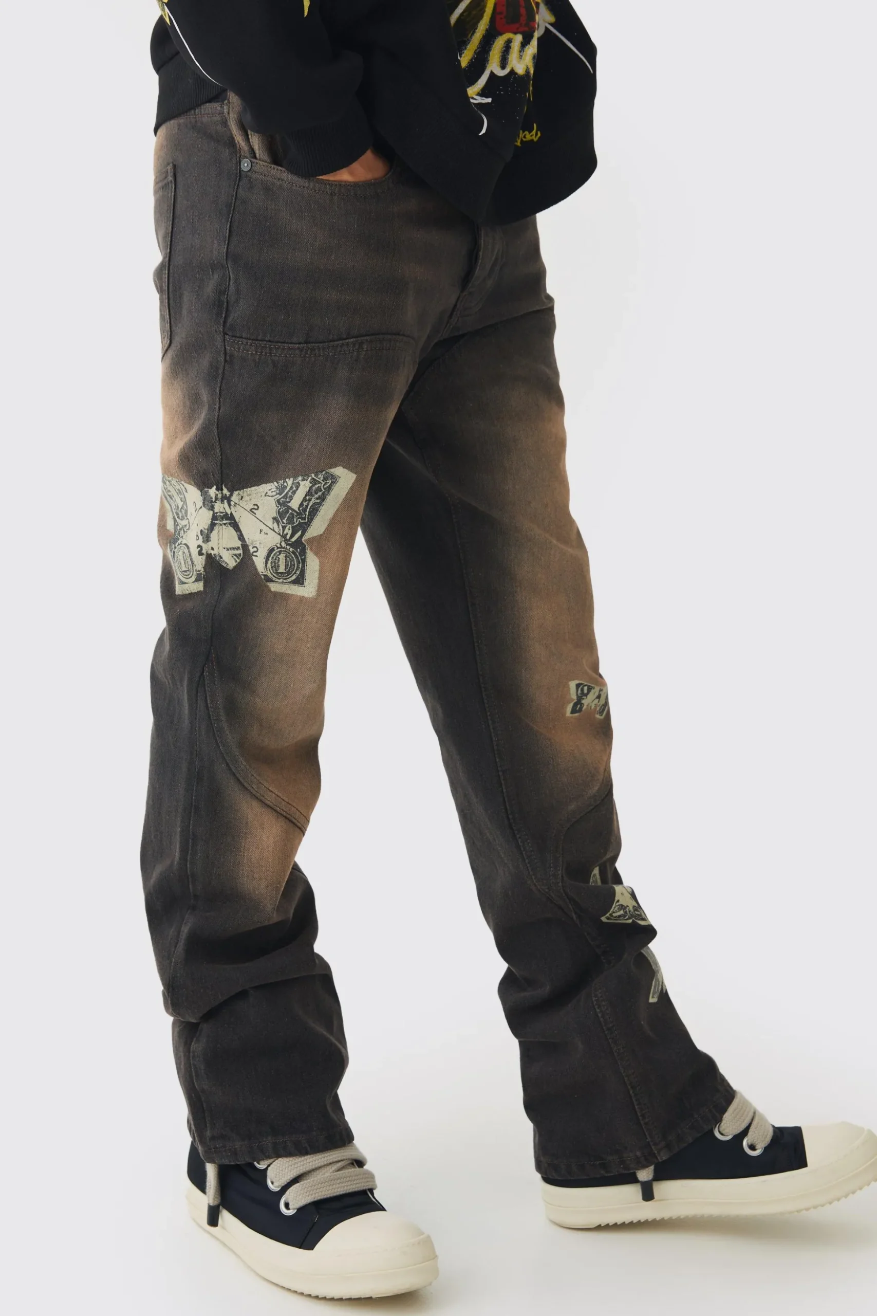 Slim Rigid Flare Dirty Wash Printed Jeans | BoohooMAN UK
