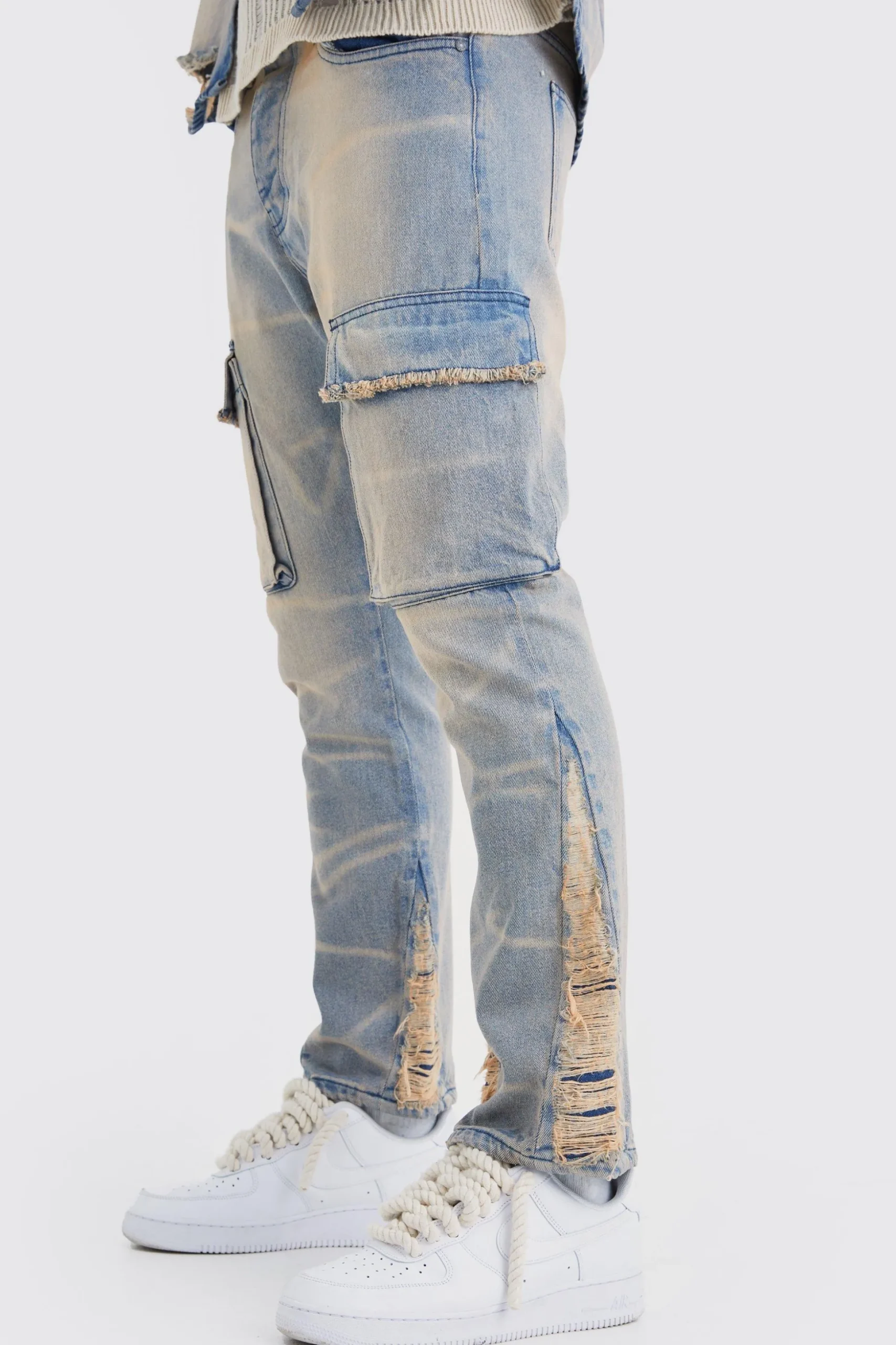 Slim Rigid Flare Overdyed Distressed Cargo Jeans | BoohooMAN UK