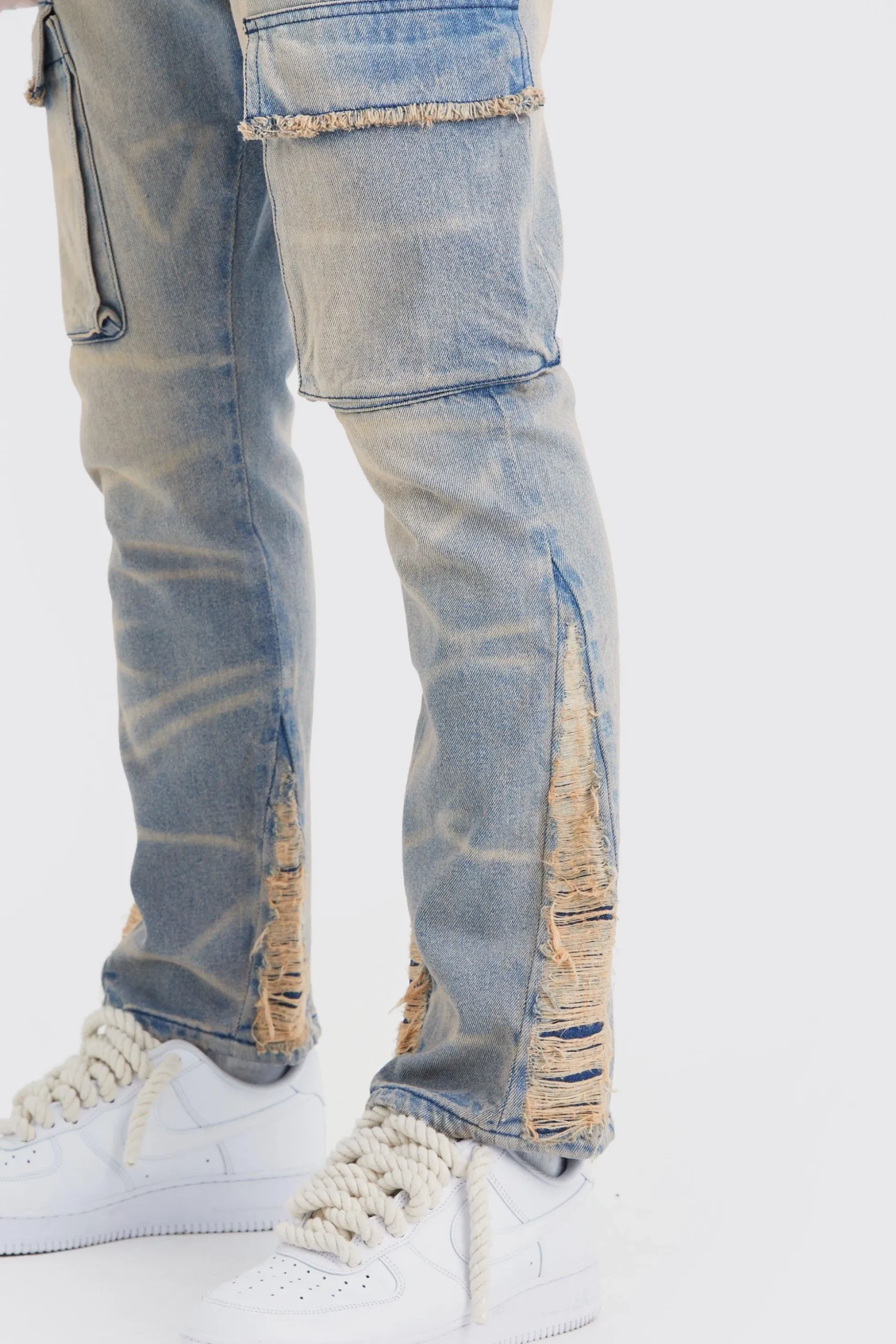 Slim Rigid Flare Overdyed Distressed Cargo Jeans | BoohooMAN UK