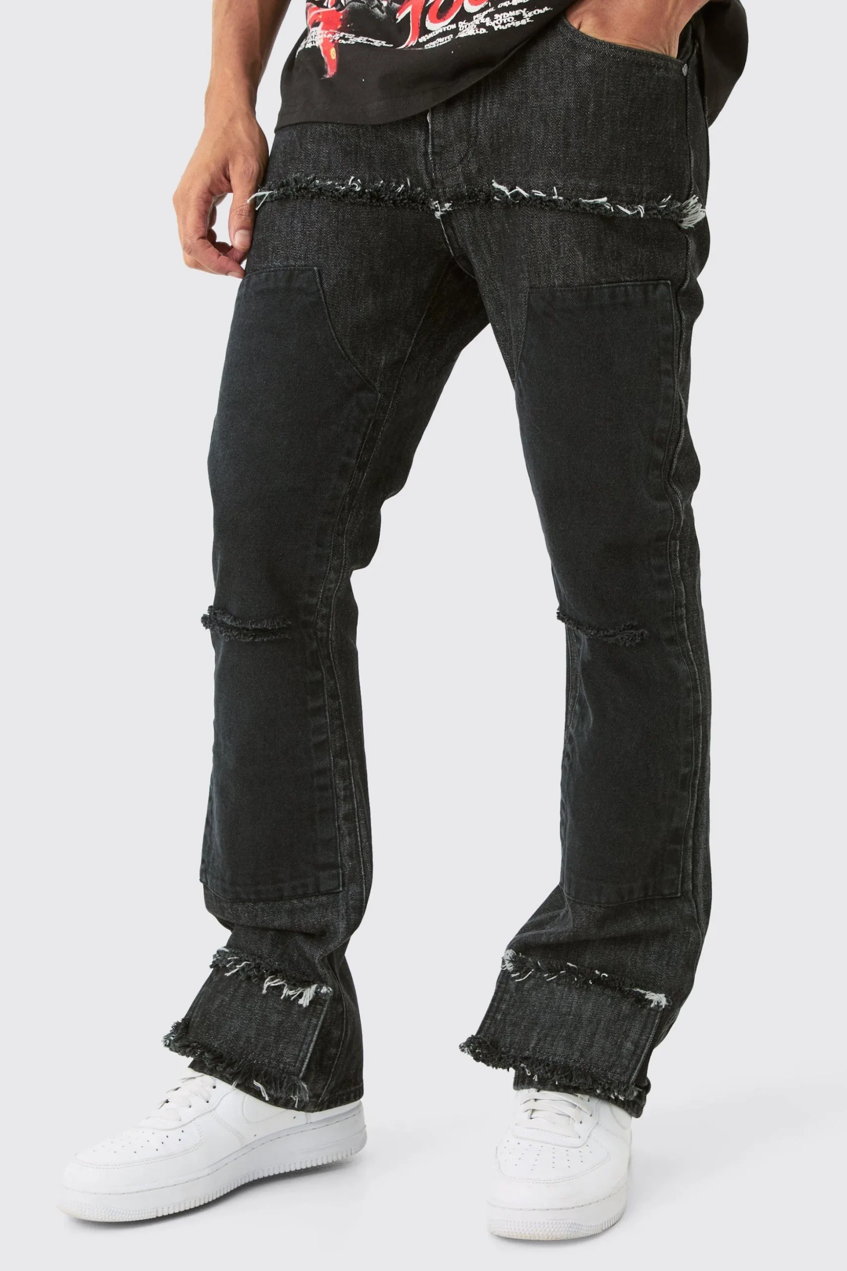 Slim Rigid Flare Ripped Carpenter Overdye Denim Jean In Black | BoohooMAN UK