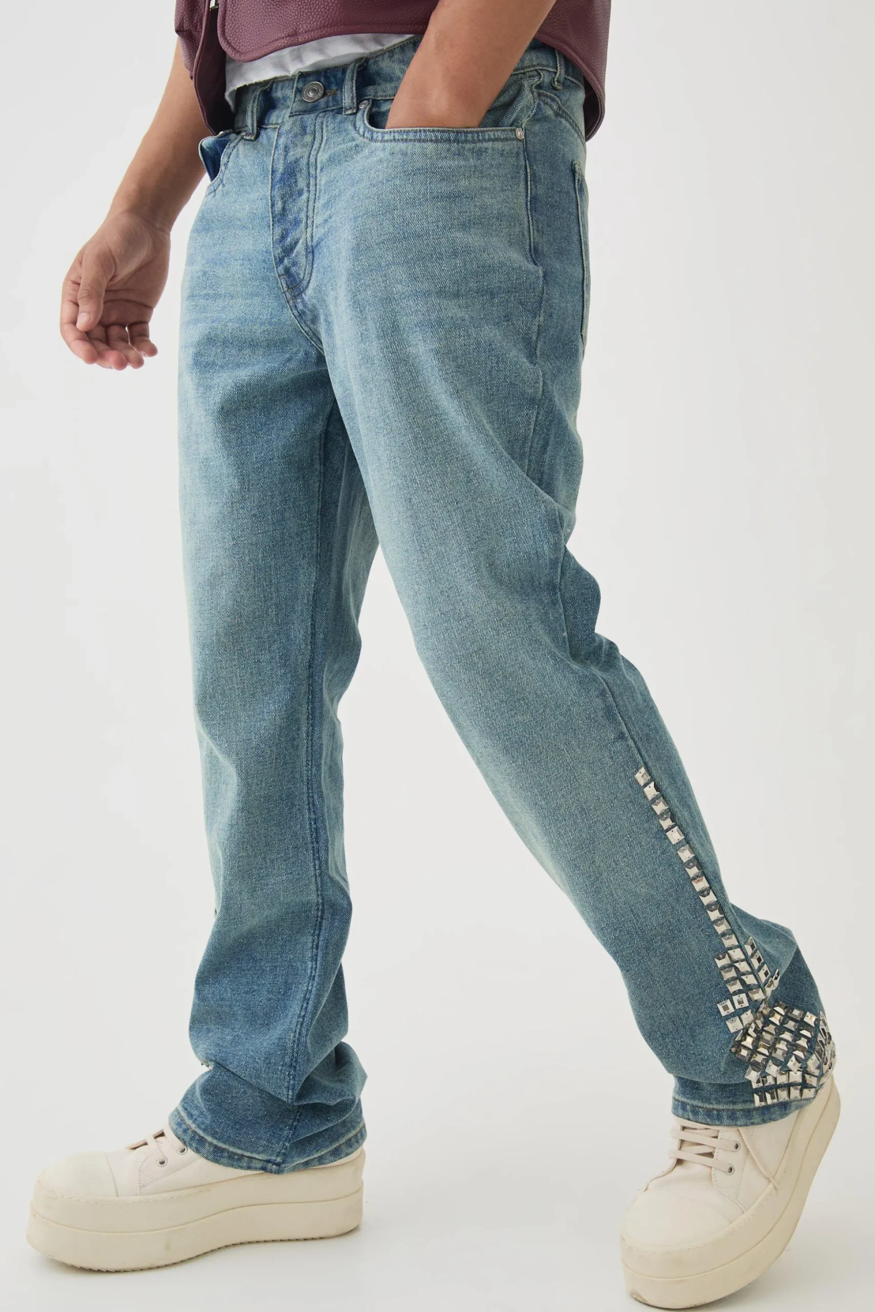 Slim Rigid Flare Studded Jeans | BoohooMAN UK