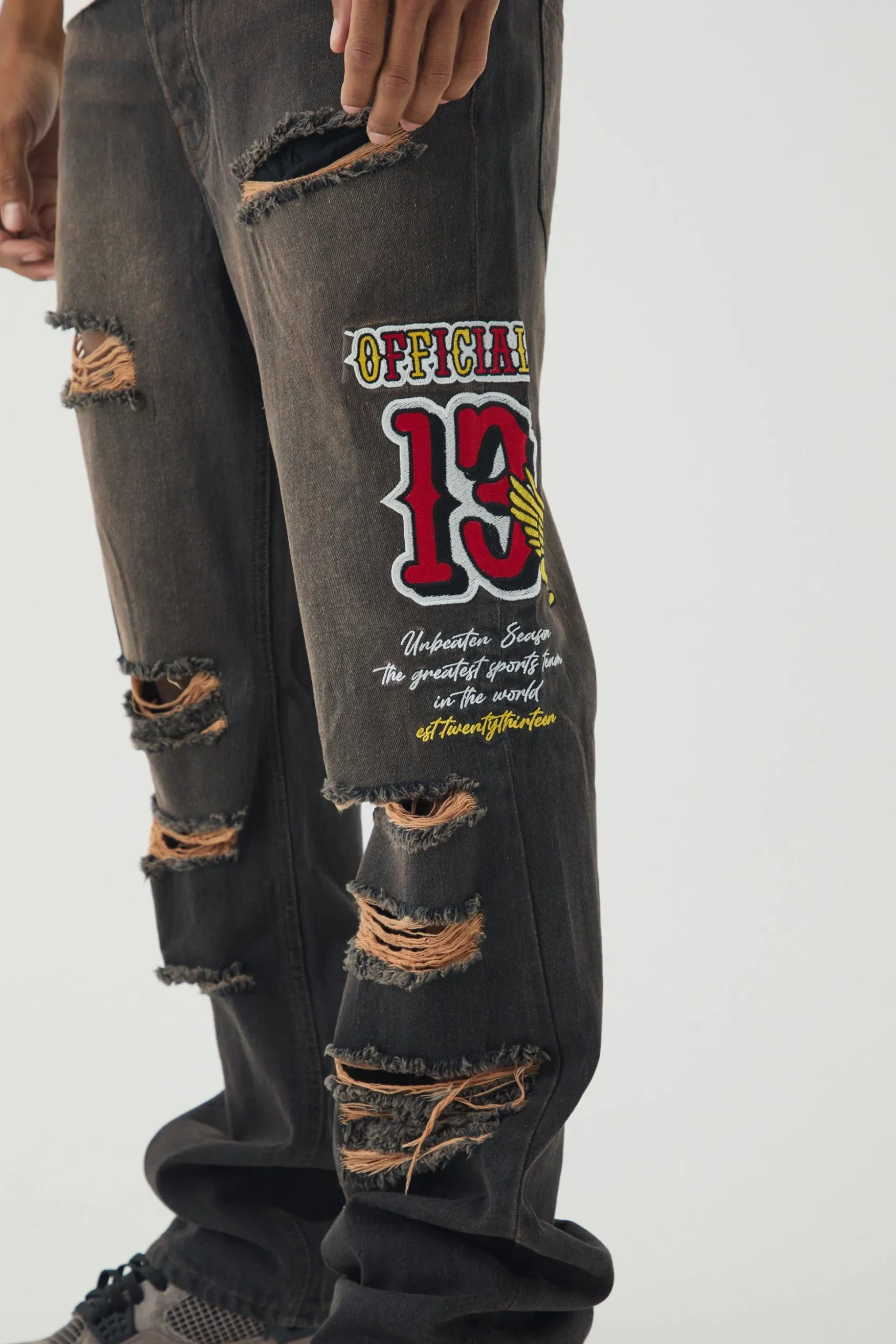 Slim Rigid Flare Varsity Applique Brown Wash Jeans | BoohooMAN UK