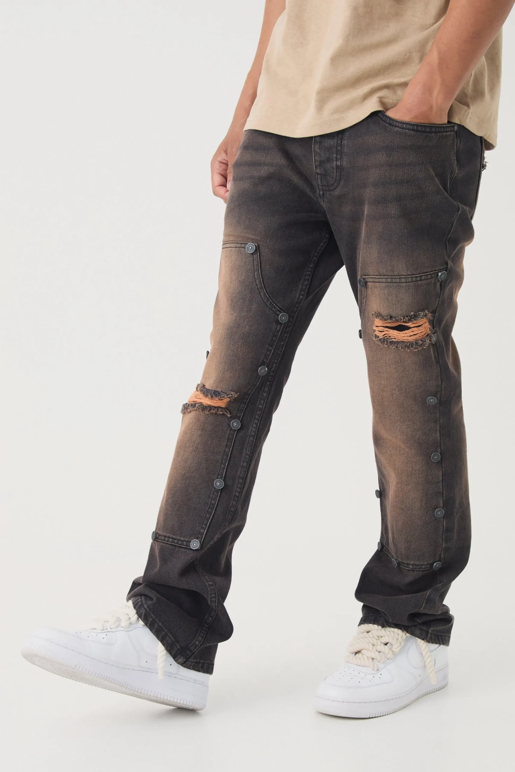 Slim Rigid Flare Vintage Wash Carpenter Ripped Jeans | BoohooMAN UK