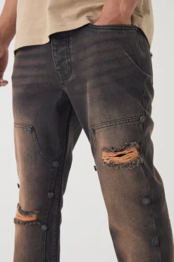 Slim Rigid Flare Vintage Wash Carpenter Ripped Jeans | BoohooMAN UK