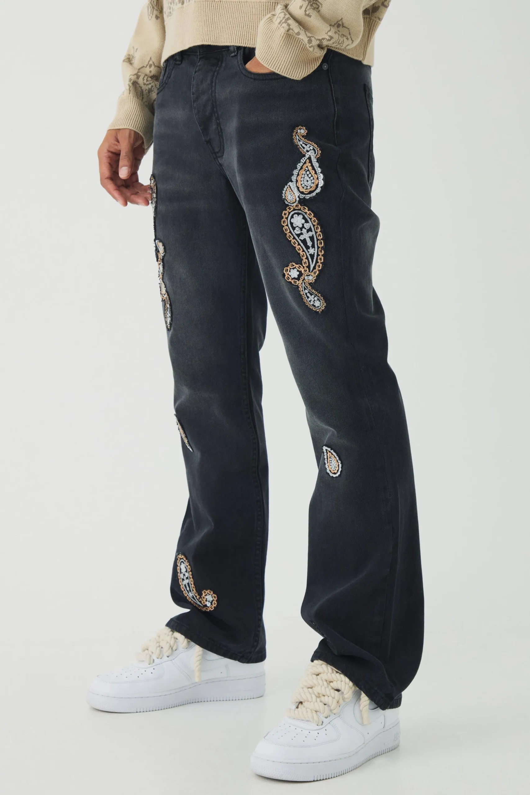 Slim Rigid Flare Washed Paisley Applique Jeans | BoohooMAN UK