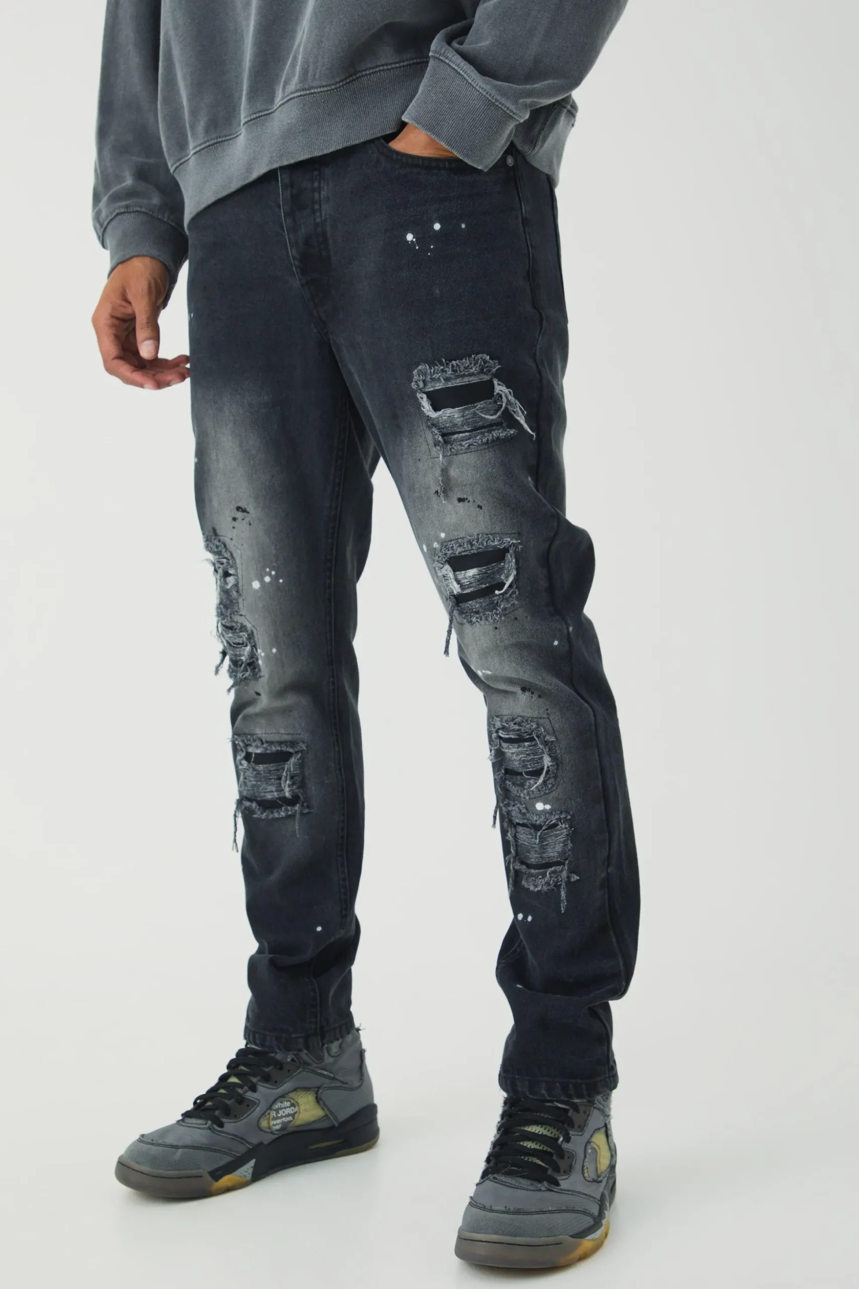 Slim Rigid Paint Splat Ripped Jeans | BoohooMAN UK