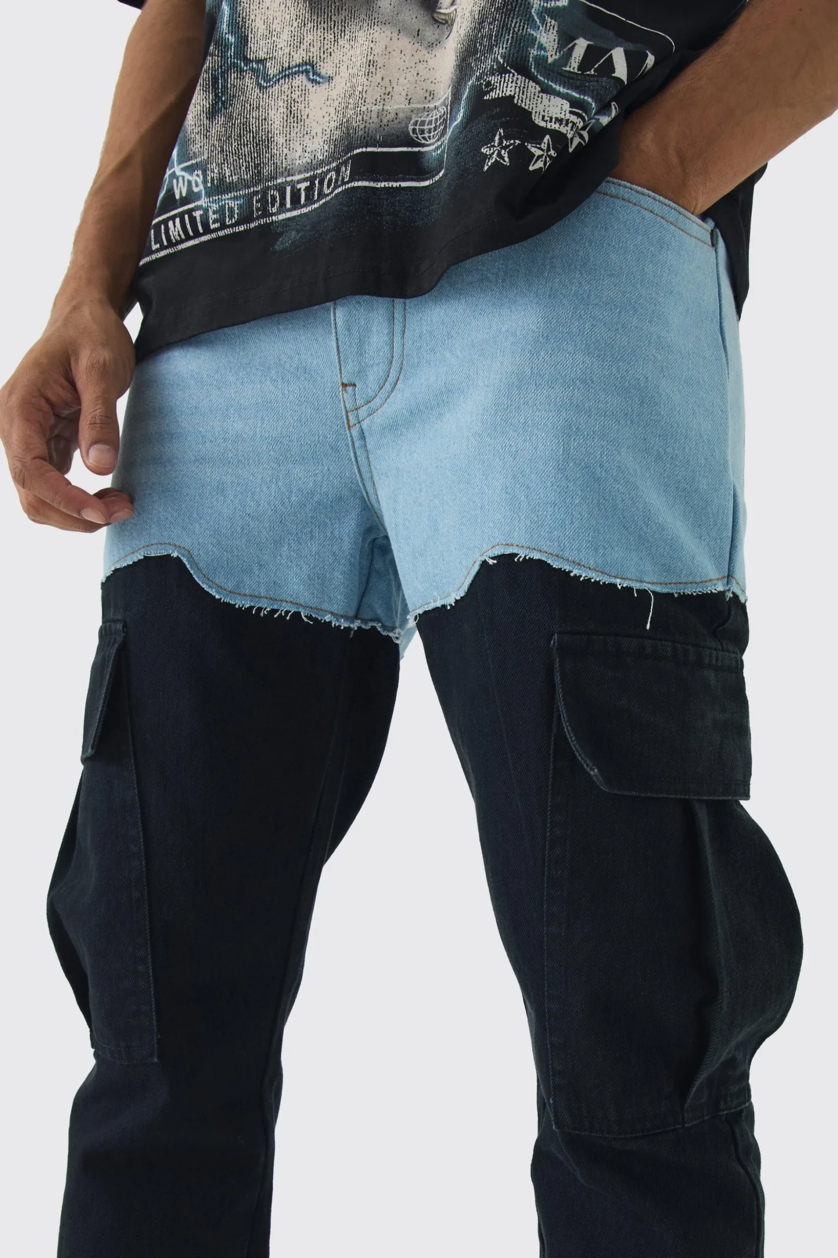 Slim Rigid Spliced Cargo Denim Jeans | BoohooMAN UK