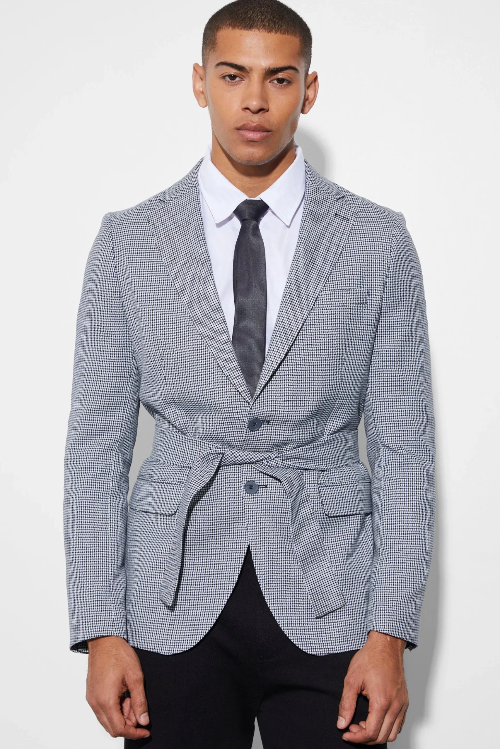 Slim Single Breasted Blazer With Belt | BoohooMAN UK