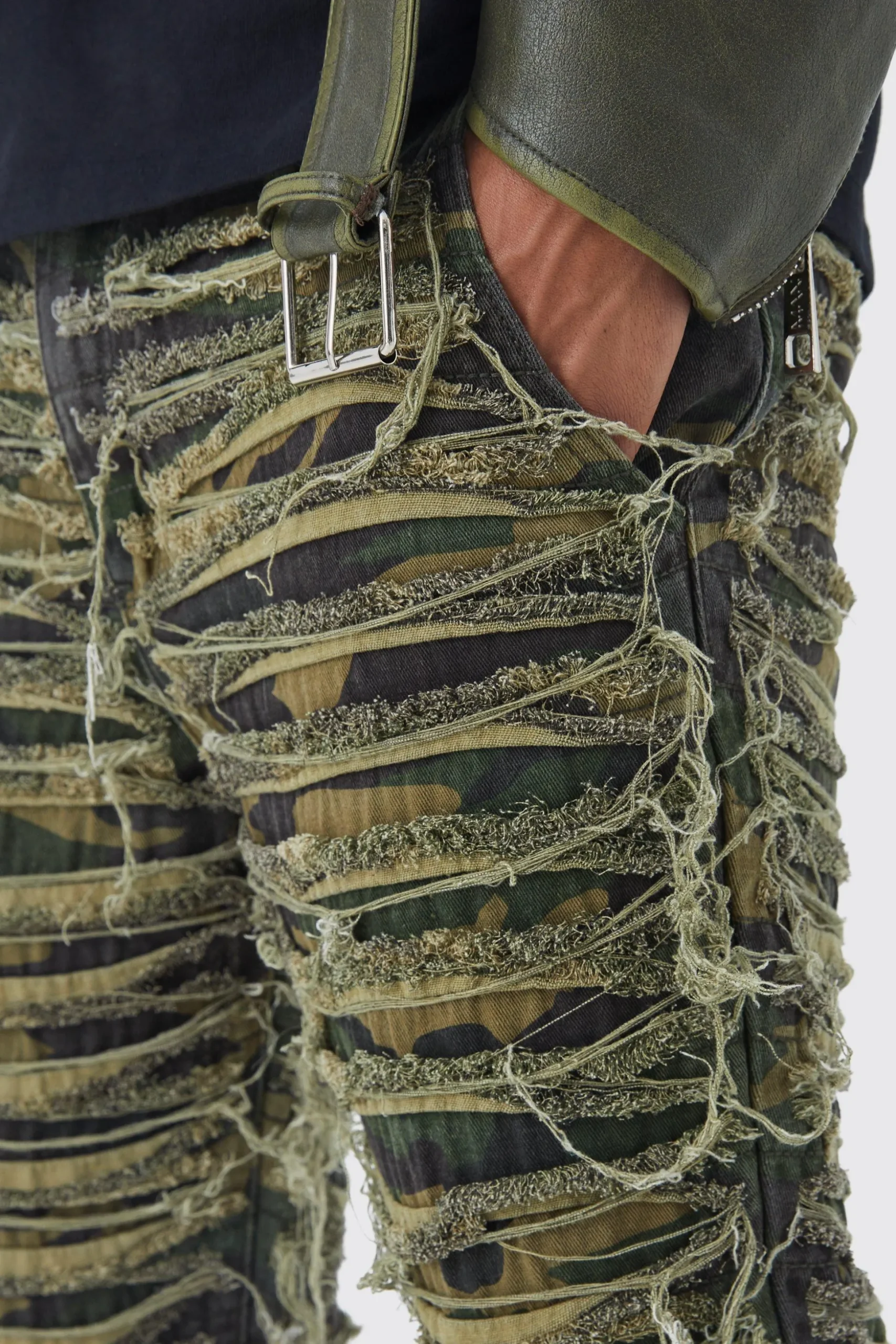Slim Stacked Flare Heavily Distressed Camo Trouser | BoohooMAN UK