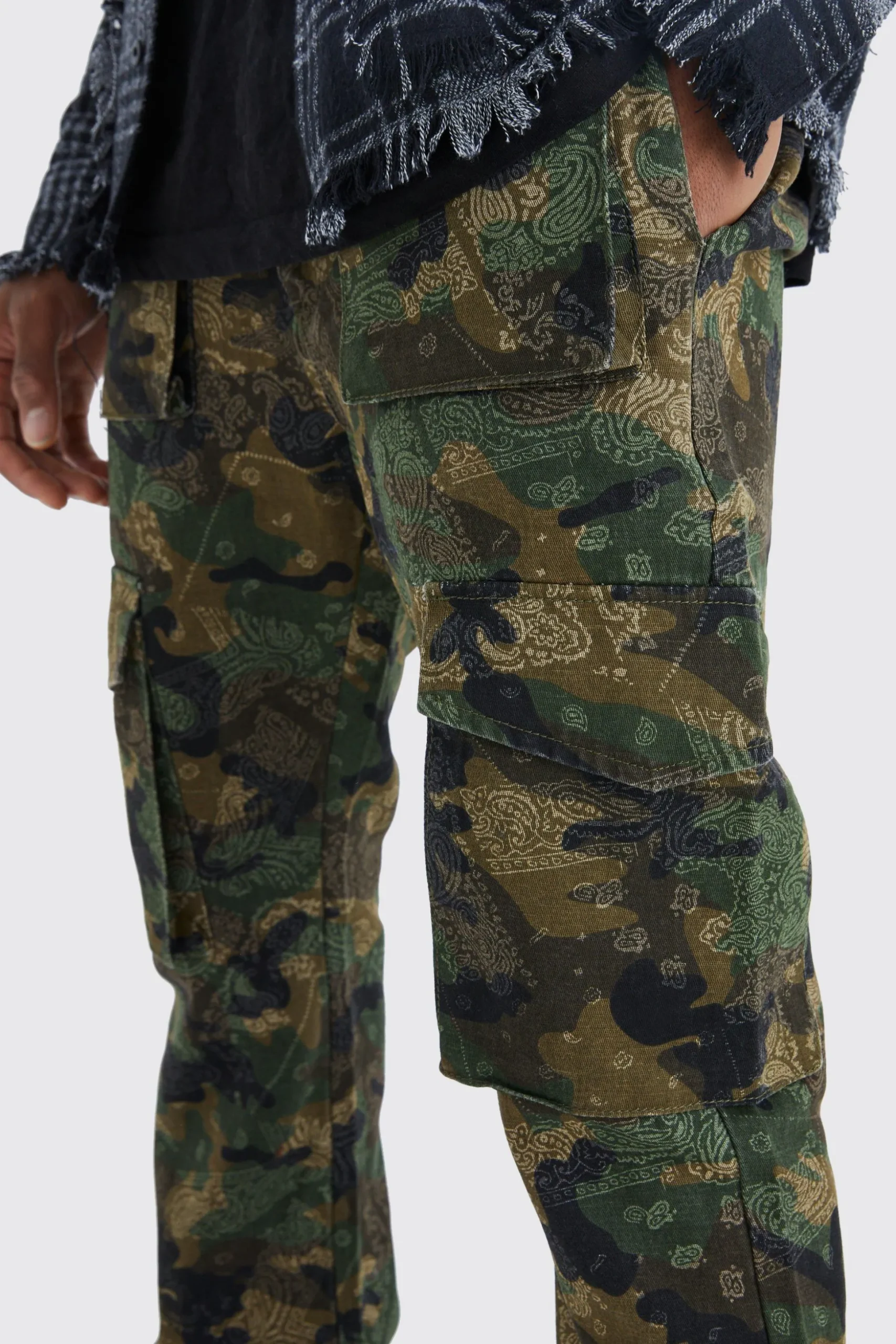 Slim Stacked Flare Multi Cargo Camo Bandana Trouser | BoohooMAN UK