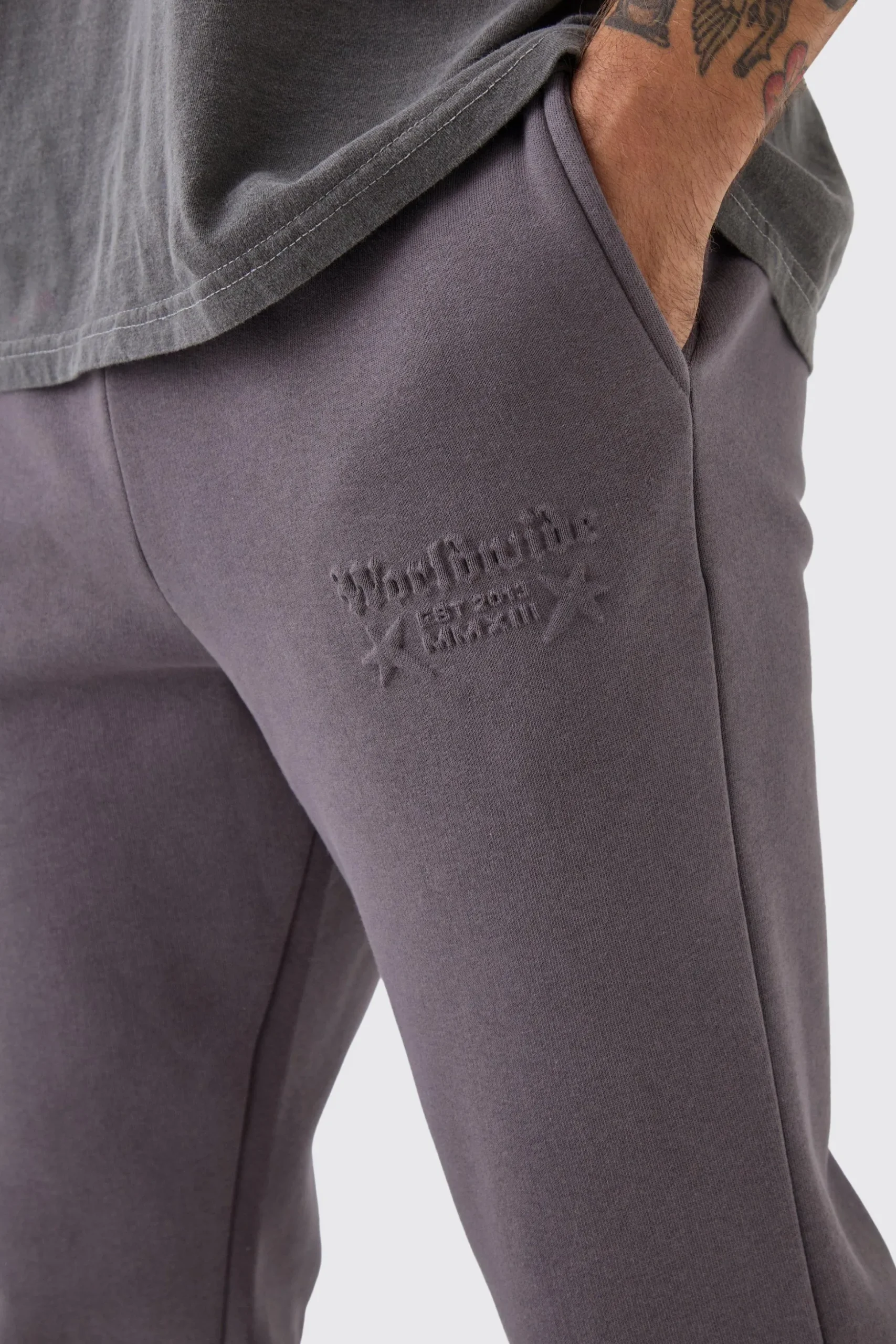 Slim Stacked Worldwide Emboss Joggers | BoohooMAN UK