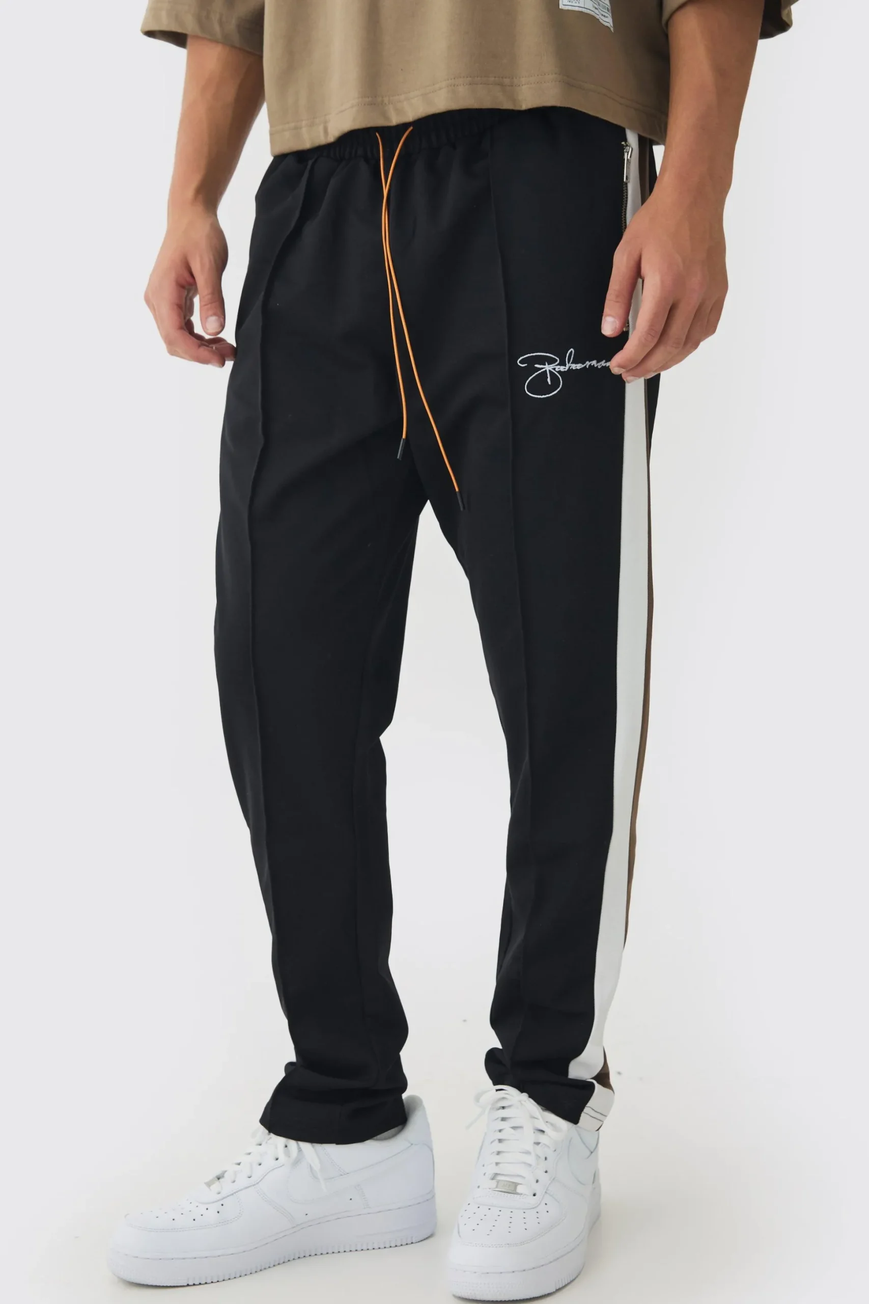 Slim Tapered Pique Panel Boohooman Embroidered Jogger | BoohooMAN UK