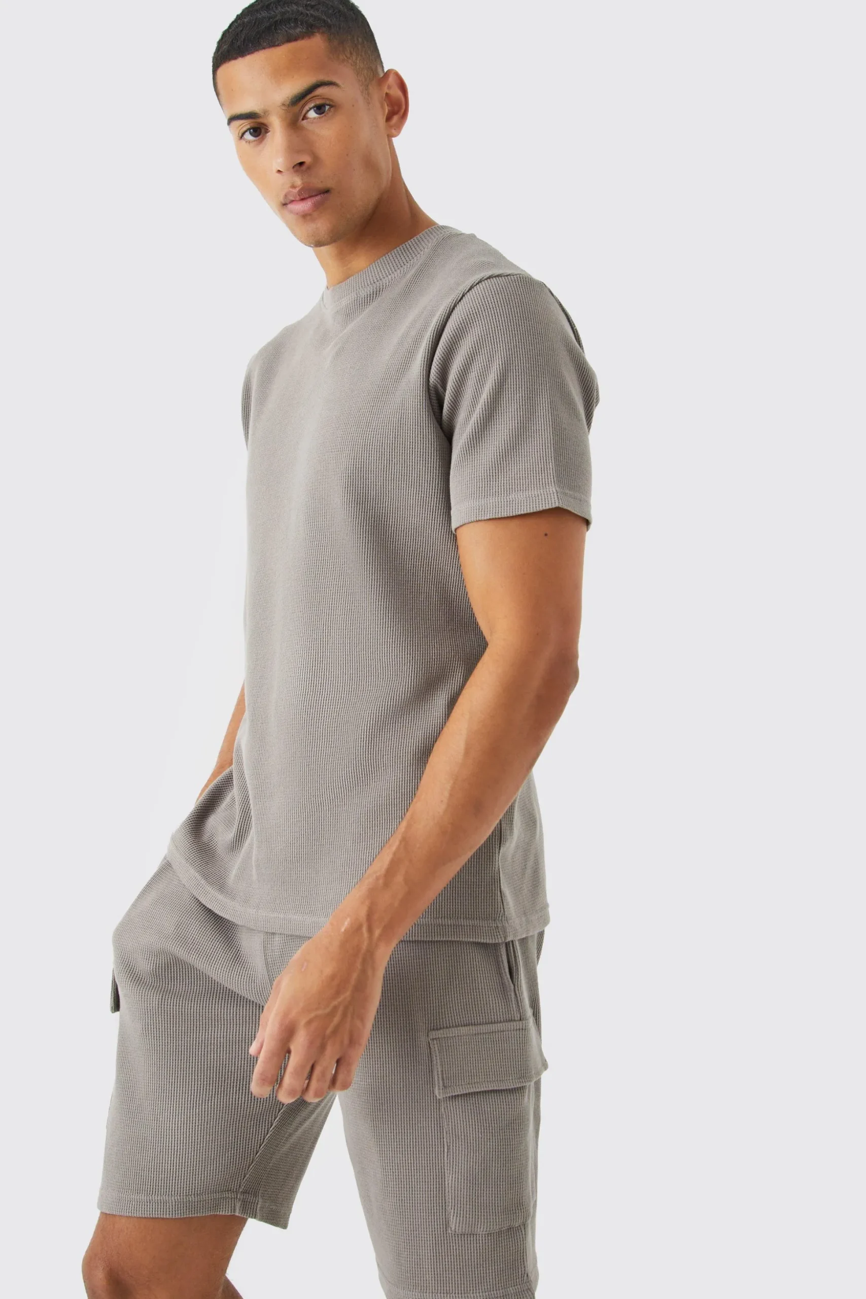 Slim Waffle T-shirt & Cargo Short Set | BoohooMAN UK