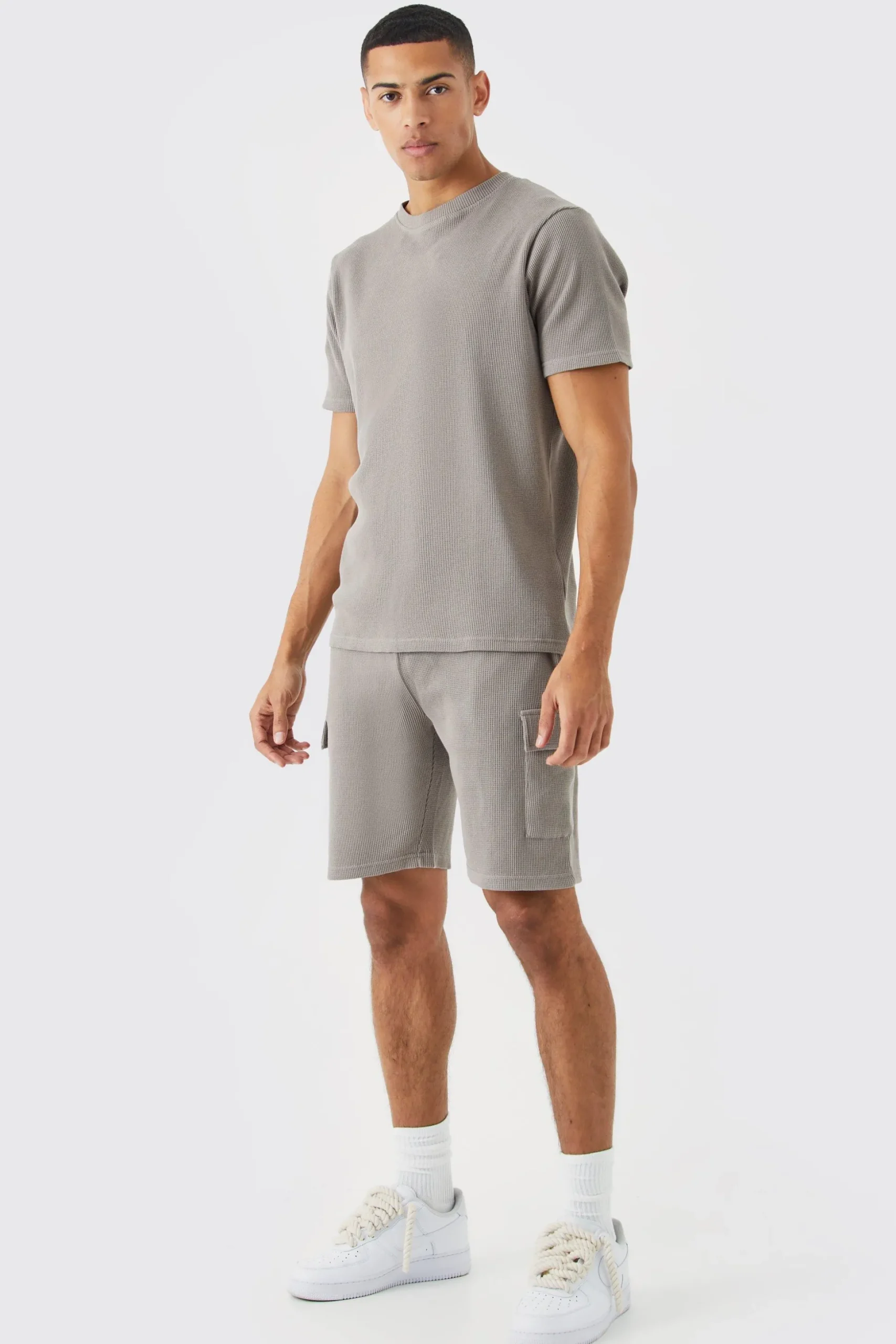 Slim Waffle T-shirt & Cargo Short Set | BoohooMAN UK