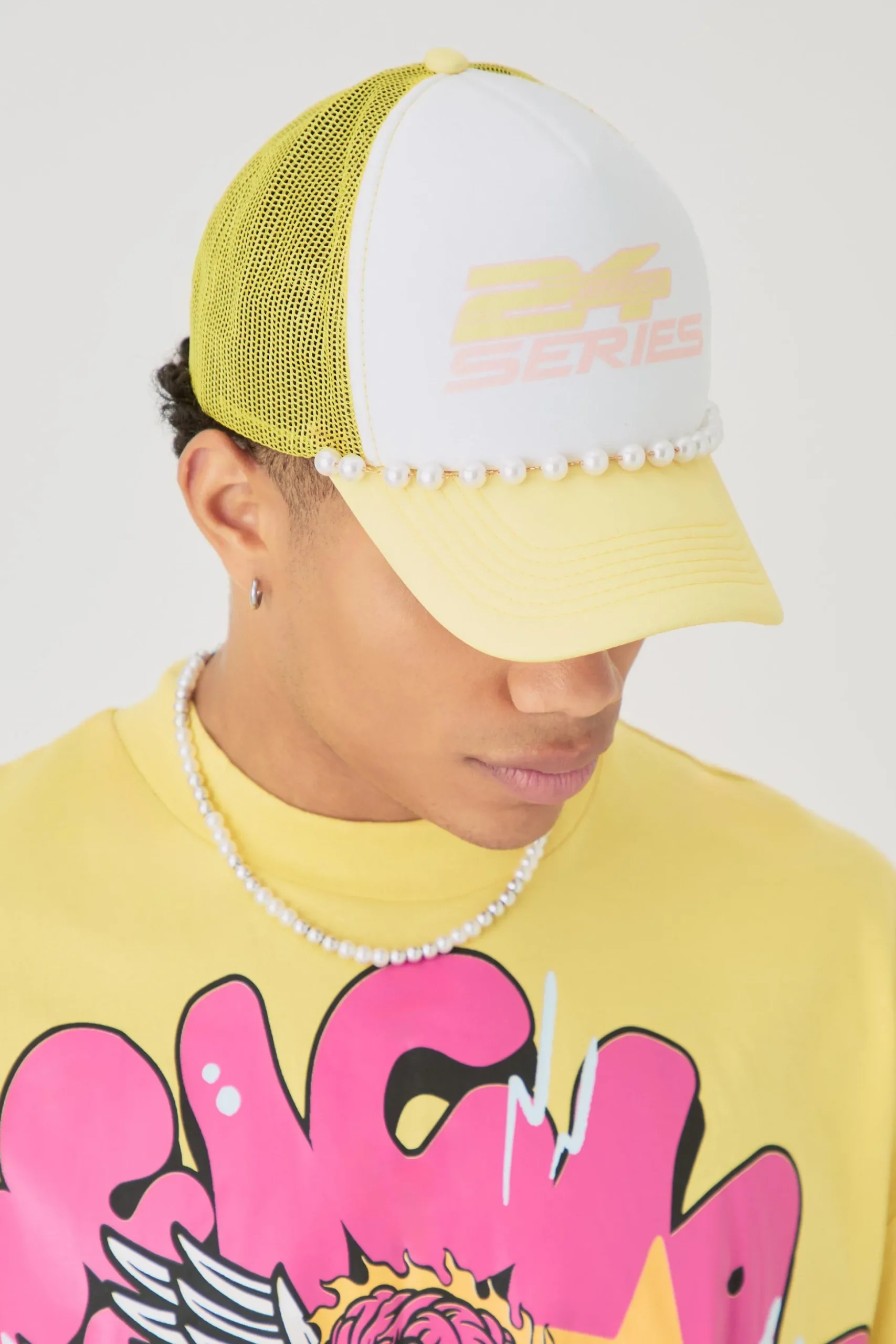 Slogan Foam Front Trucker Cap With Pearl Detail In Pastel Yellow | BoohooMAN UK