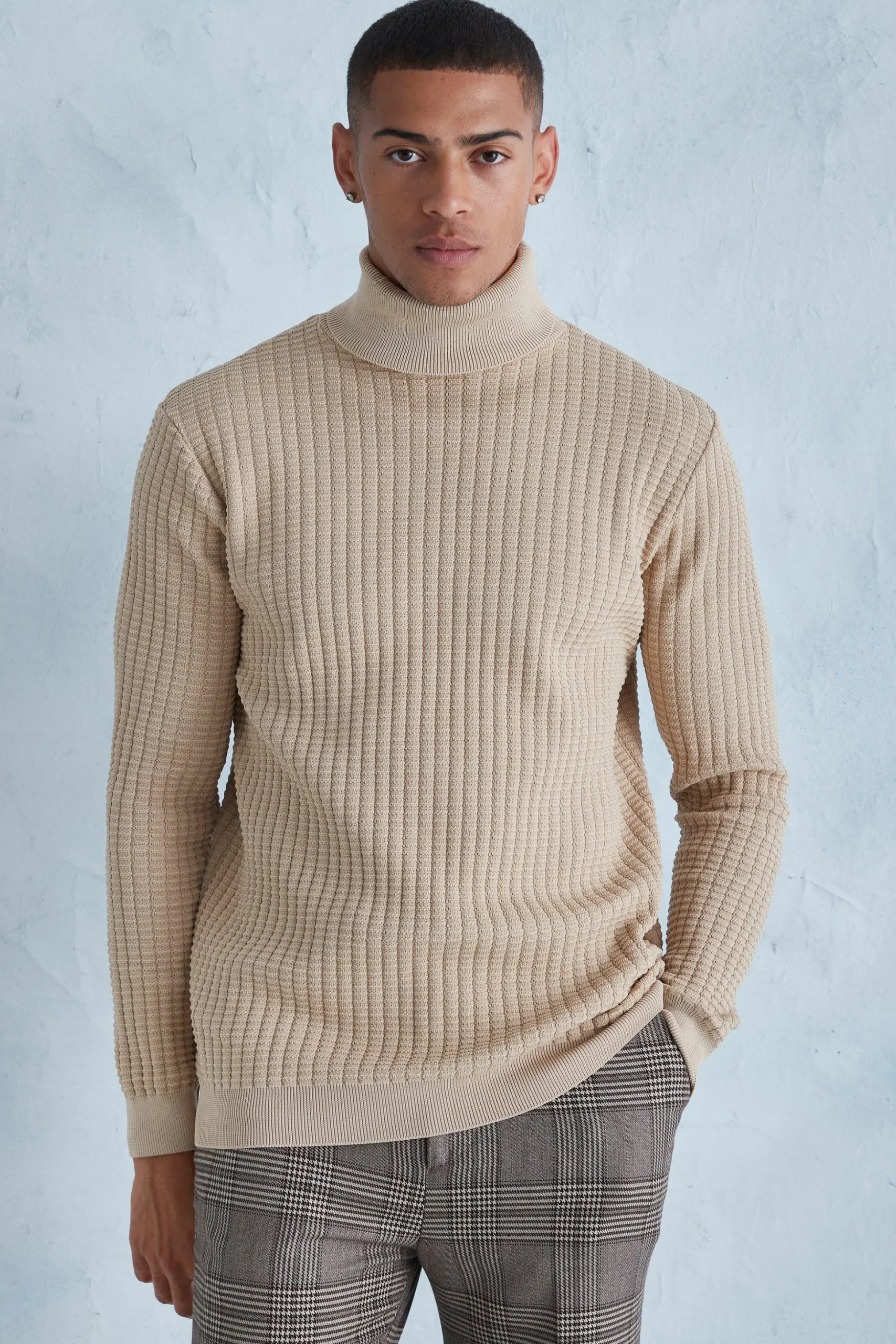 Smart Popcorn Texture Roll Neck Jumper | BoohooMAN UK