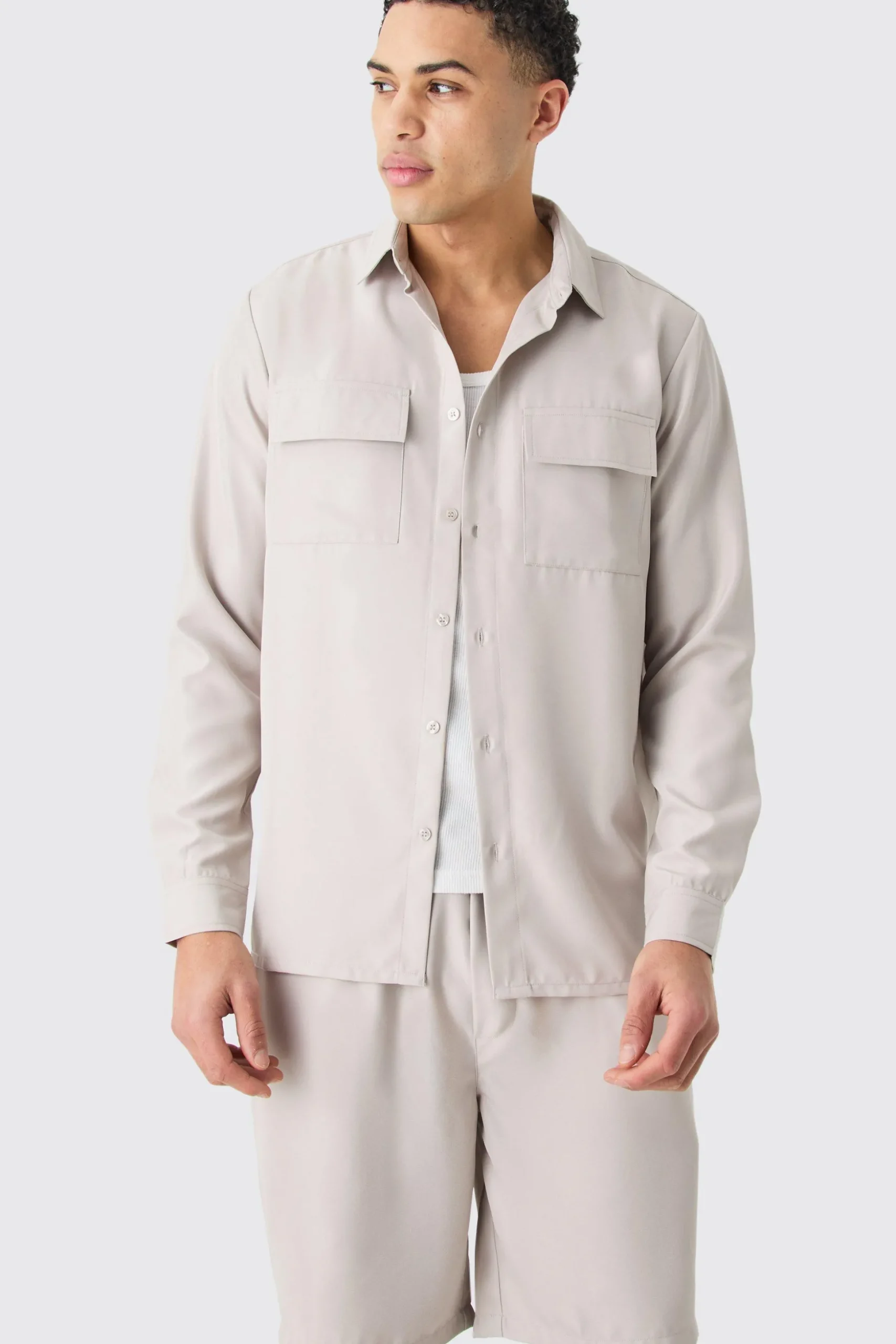 Soft Twill Overshirt And Short Set | BoohooMAN UK