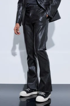 Split Hem Pu Tailored Flared Trousers | BoohooMAN UK
