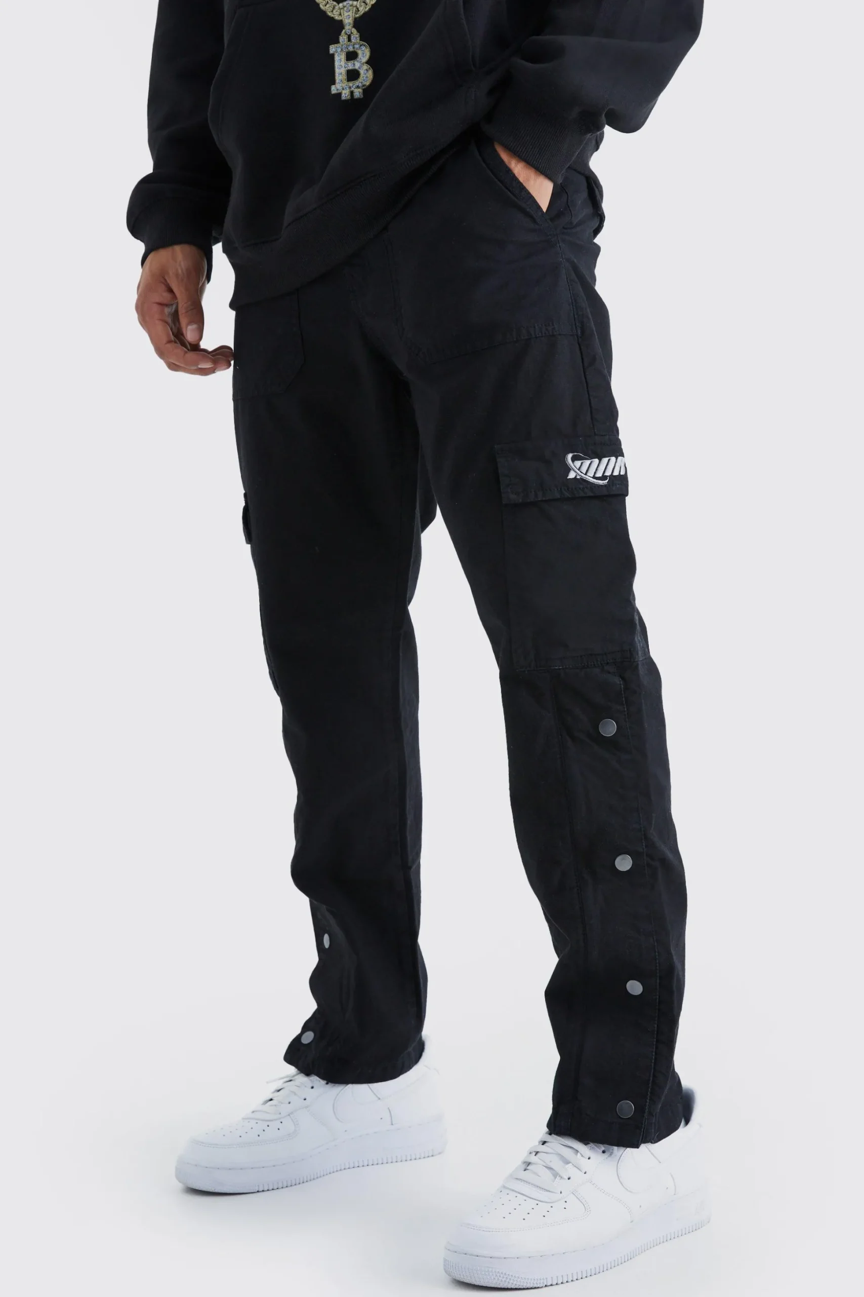 Straight Leg Cargo Popper Hem Ripstop Branded Trouser | BoohooMAN UK