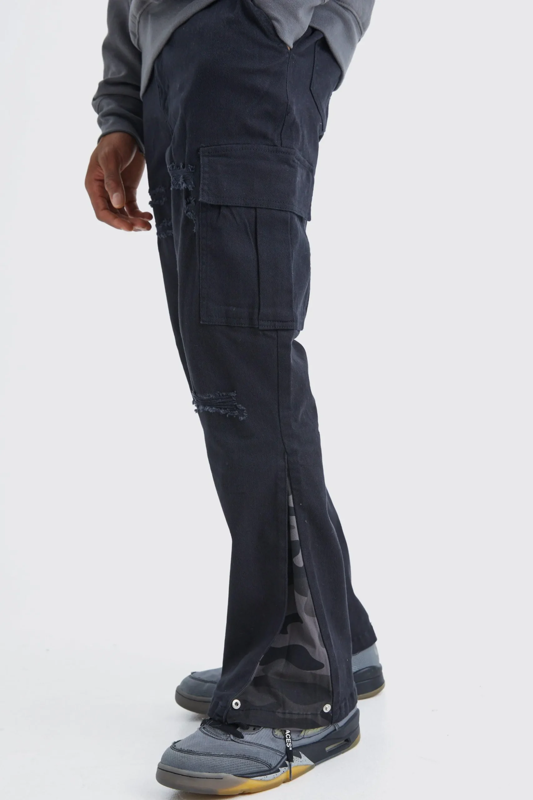 Straight Leg Flare Camo Rip And Repair Trouser | BoohooMAN UK