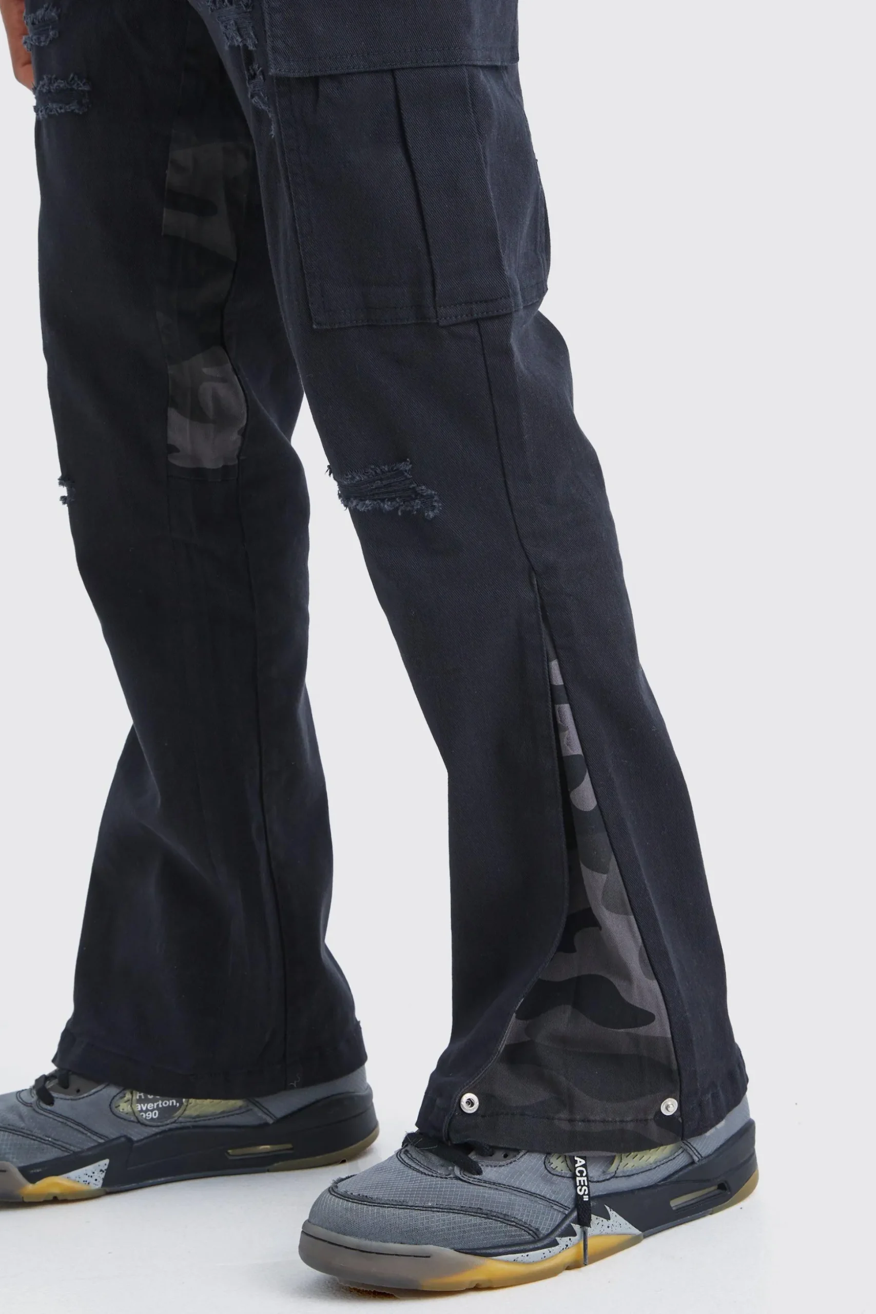 Straight Leg Flare Camo Rip And Repair Trouser | BoohooMAN UK