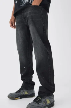 Straight Leg Paint Splatter Jeans With Tonal Embroidery | BoohooMAN UK