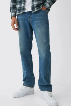 Straight Leg Paint Splatter Jeans With Tonal Embroidery | BoohooMAN UK