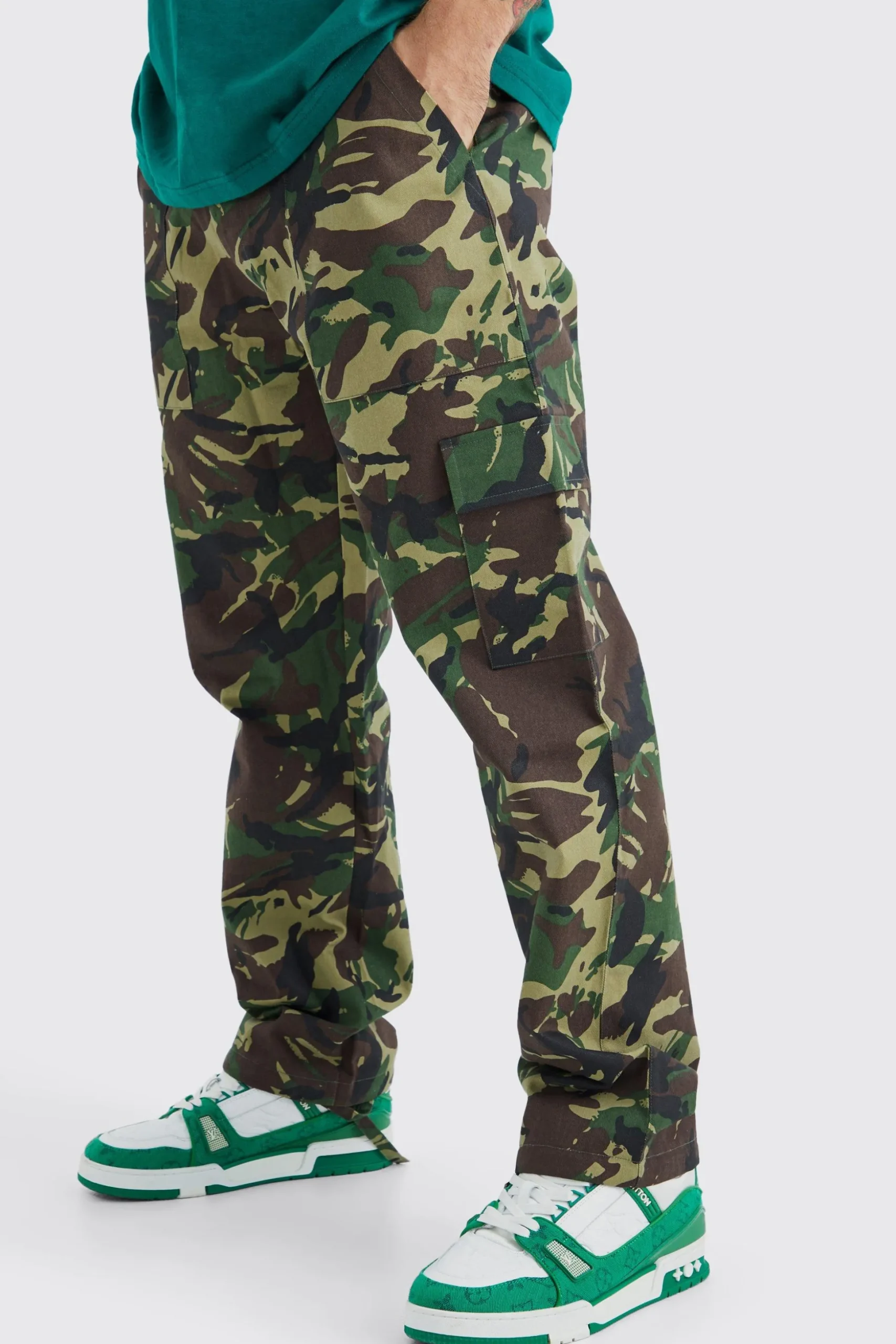 Straight Leg Tie Hem Camo Trouser | BoohooMAN UK