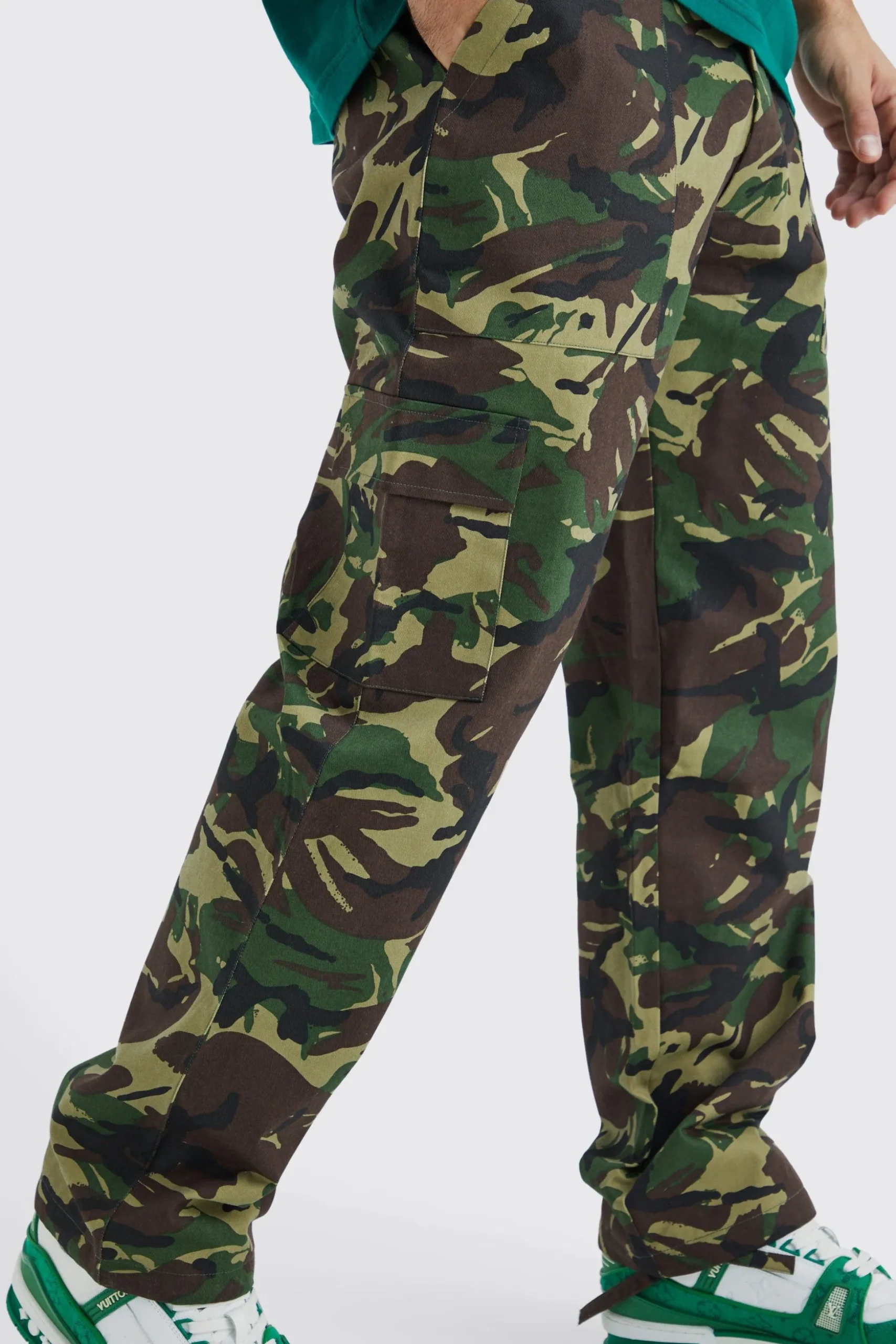 Straight Leg Tie Hem Camo Trouser | BoohooMAN UK