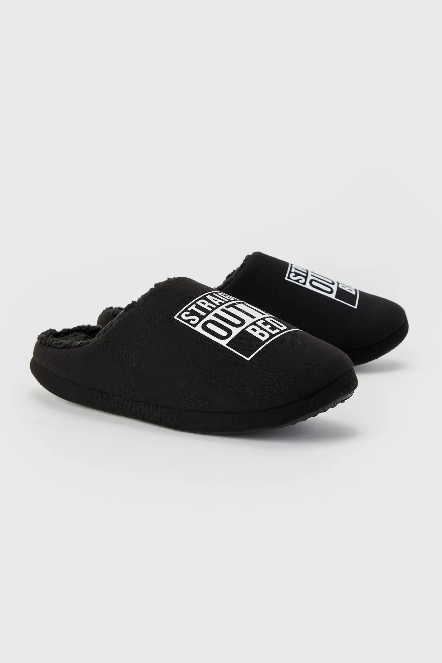 Straight Outta Bed Print Slippers | BoohooMAN UK