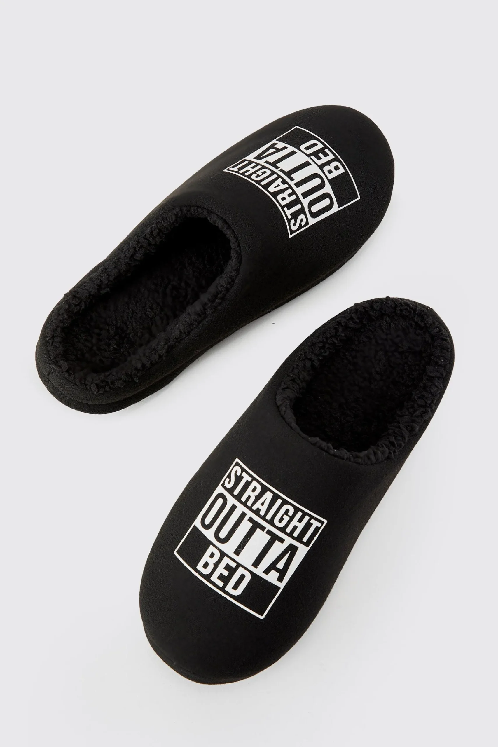 Straight Outta Bed Print Slippers | BoohooMAN UK